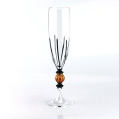 Set of Six Seguso Murano Glass Flute with Black Canne and Amber Steam Detail