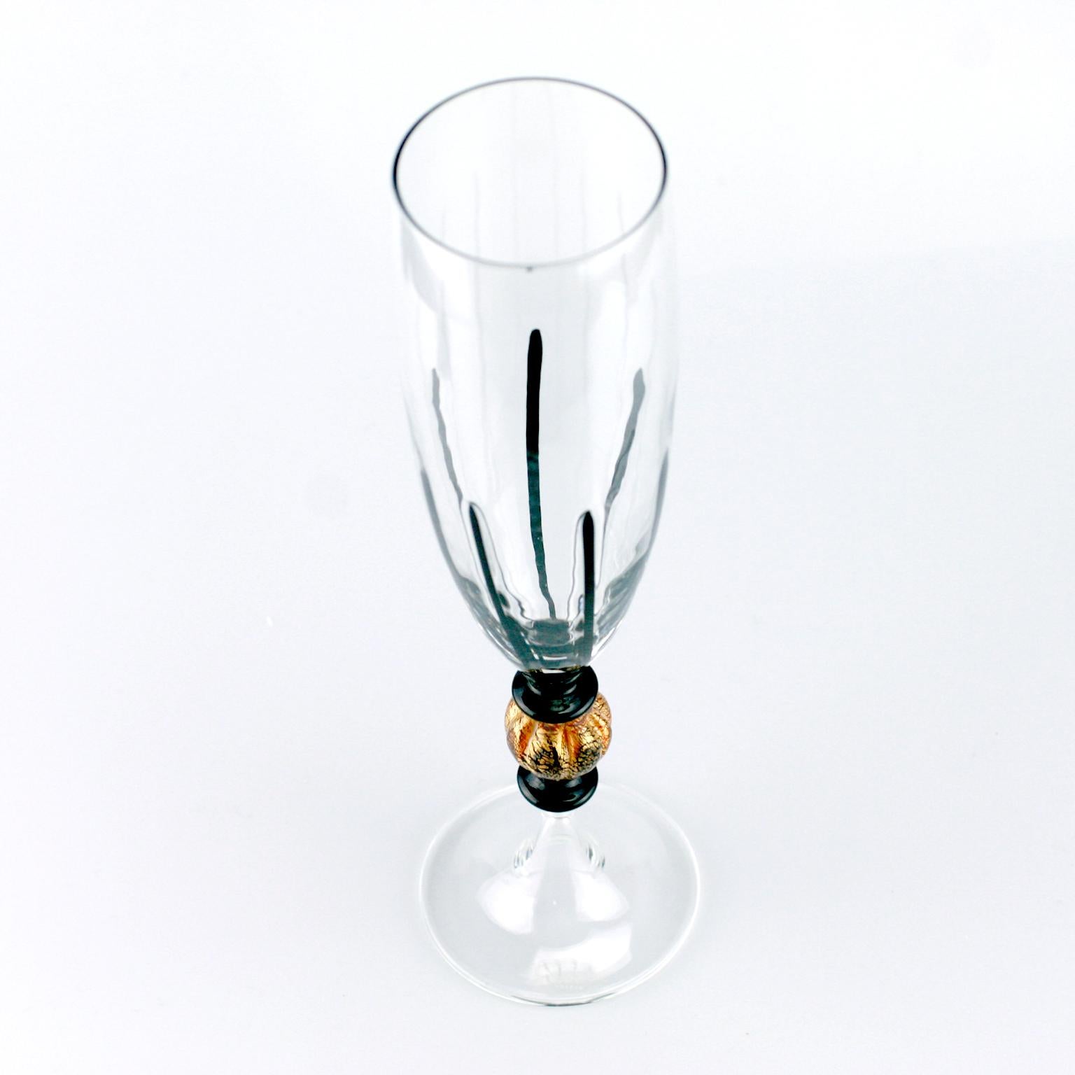Set of Six Seguso Murano Glass Flute with Black Canne and Amber Steam Detail For Sale 1