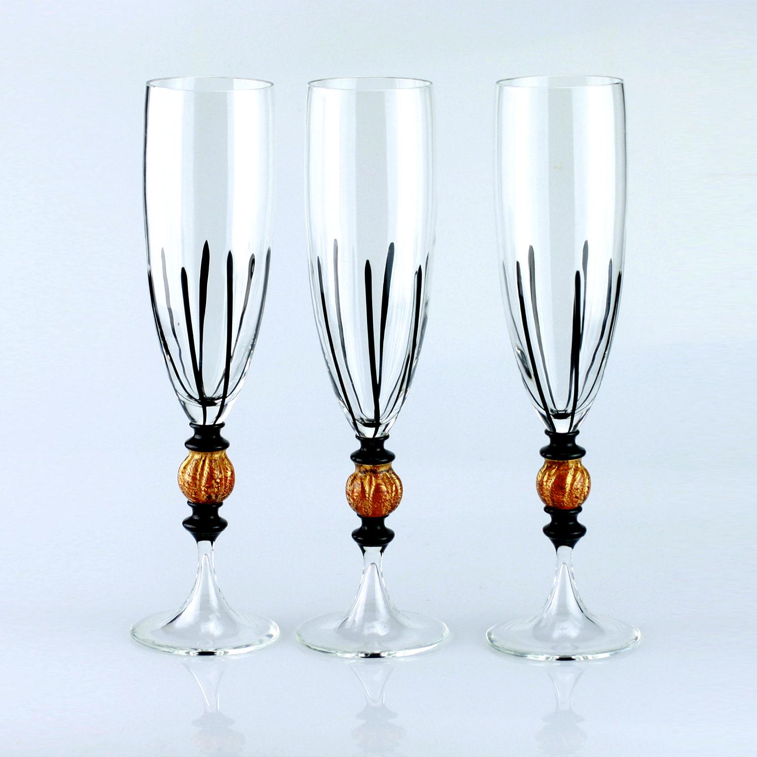 Set of Six Seguso Murano Glass Flute with Black Canne and Amber Steam Detail For Sale 2