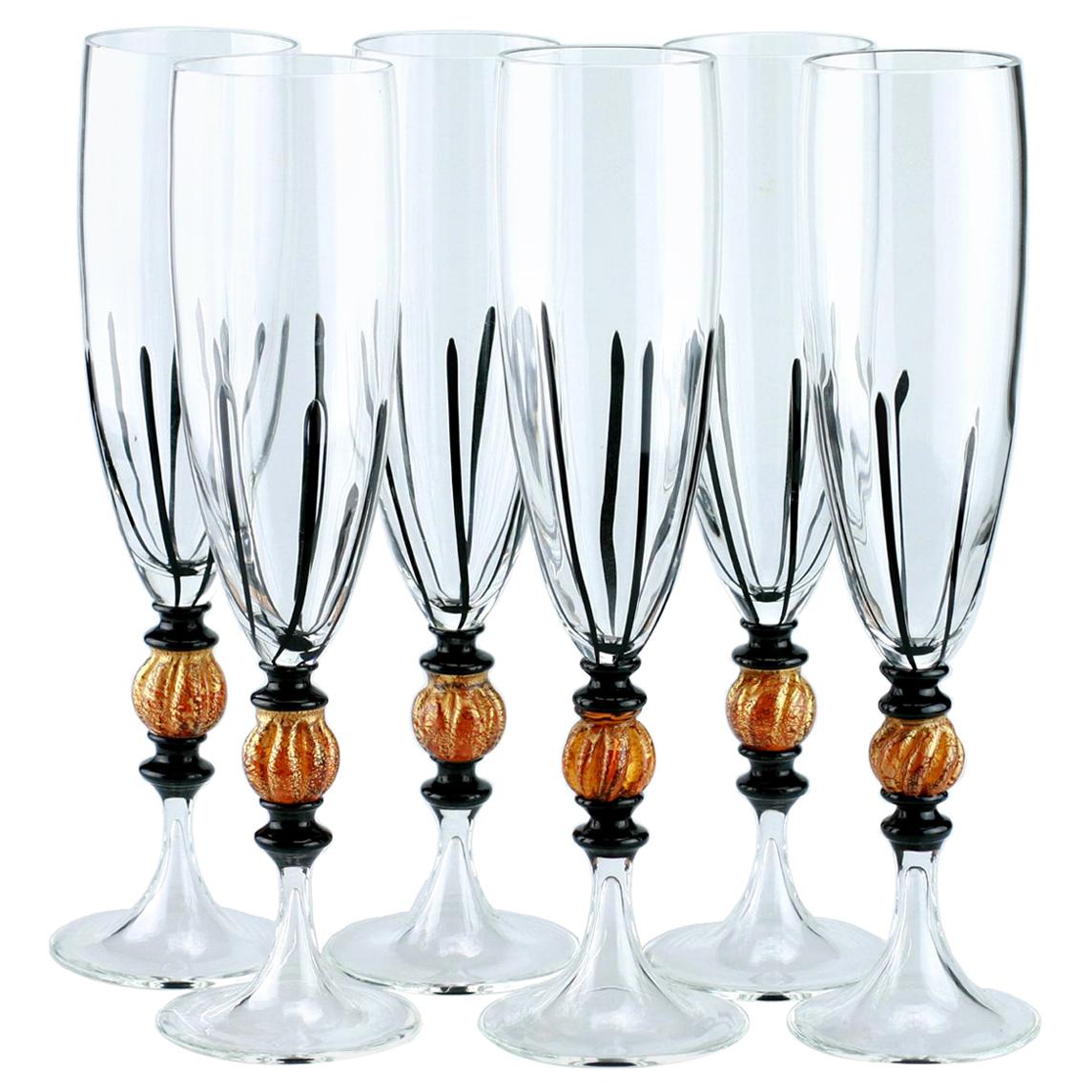 Set of Six Seguso Murano Glass Flute with Black Canne and Amber Steam Detail