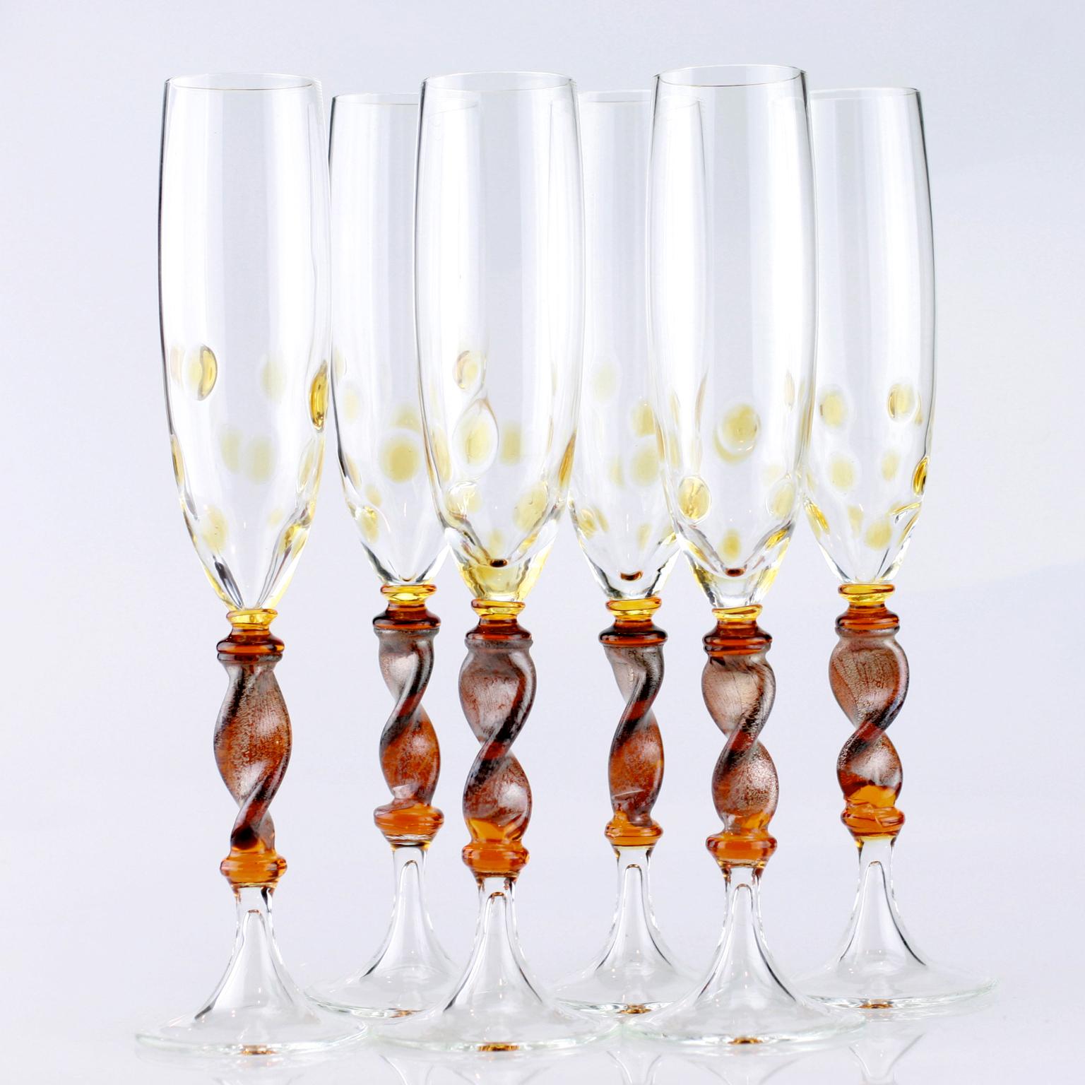 Set of six Seguso Murano glass goblets with amber steam and Murrine.