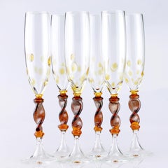 Set of Six Seguso Murano Glass Goblets with Amber Steam and Murrine