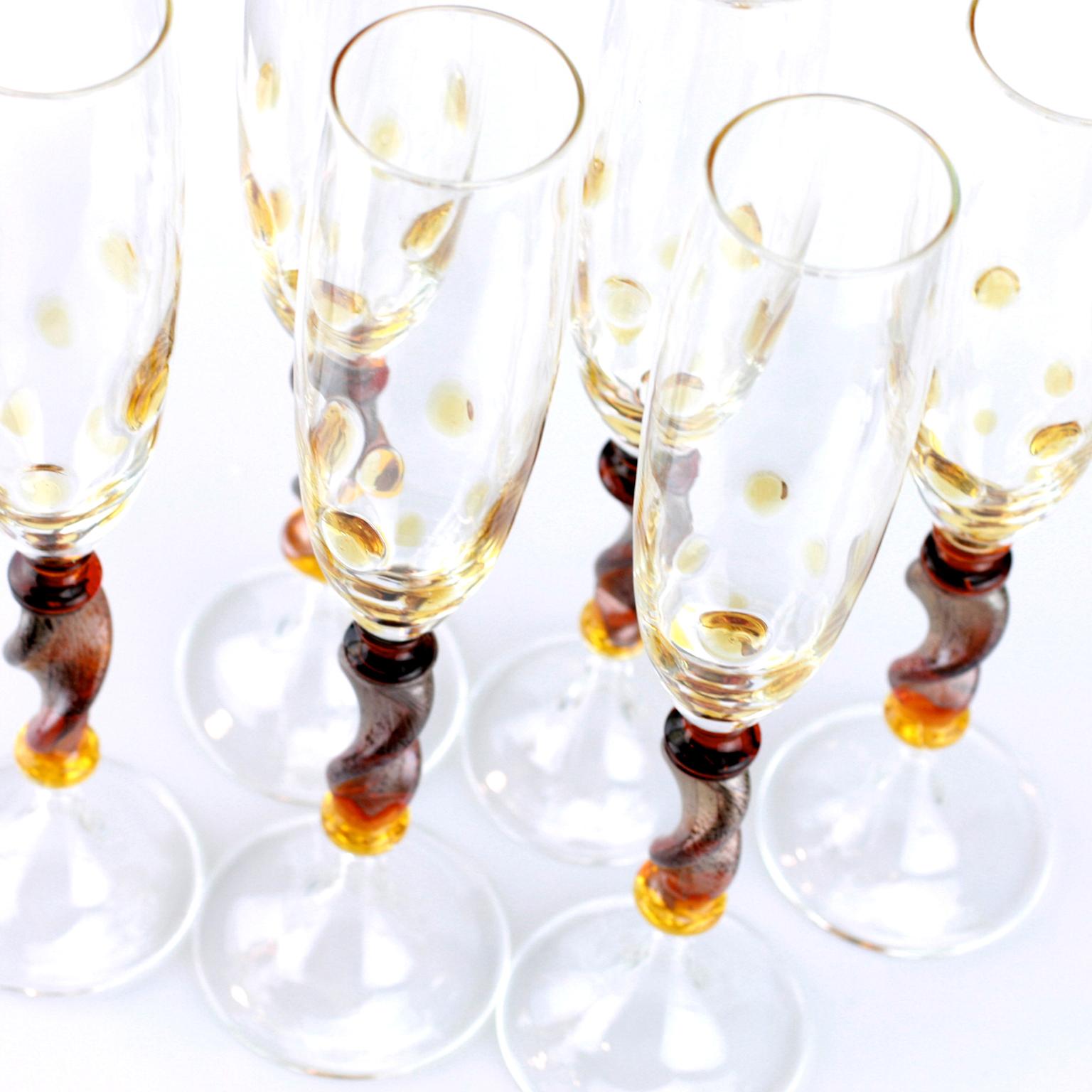Italian Set of Six Seguso Murano Glass Goblets with Amber Steam and Murrine For Sale