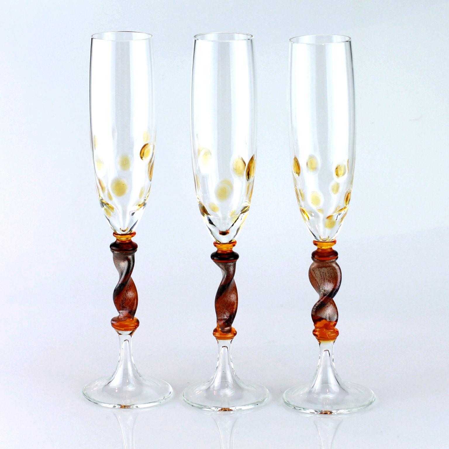 Art Glass Set of Six Seguso Murano Glass Goblets with Amber Steam and Murrine For Sale