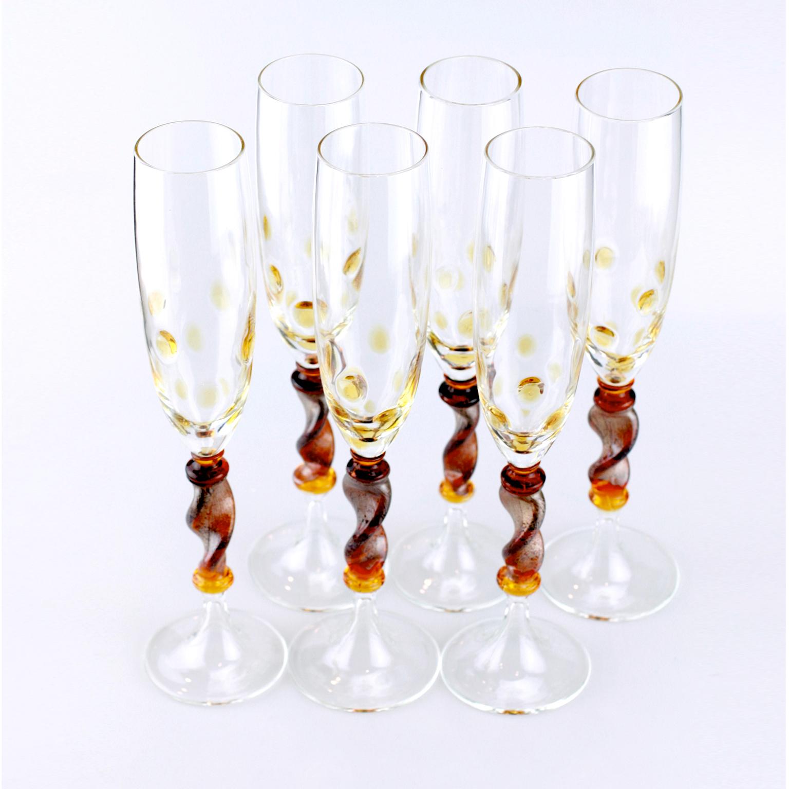 Set of Six Seguso Murano Glass Goblets with Amber Steam and Murrine For Sale 1
