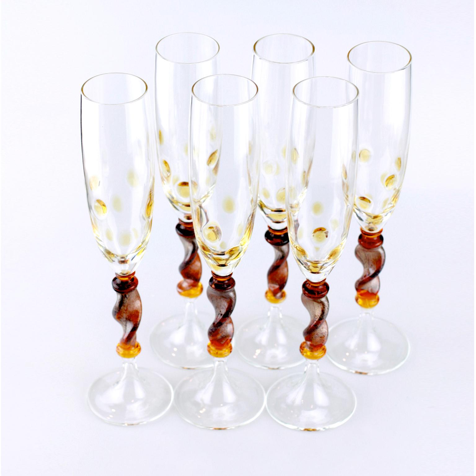 Ensemble de six gobelets Seguso en verre de Murano avec vapeur ambrée et murrine en vente 1