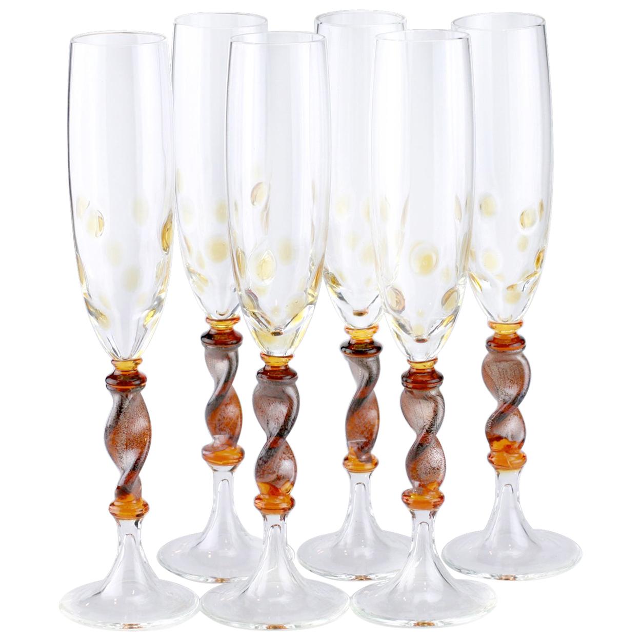 Set of Six Seguso Murano Glass Goblets with Amber Steam and Murrine For Sale