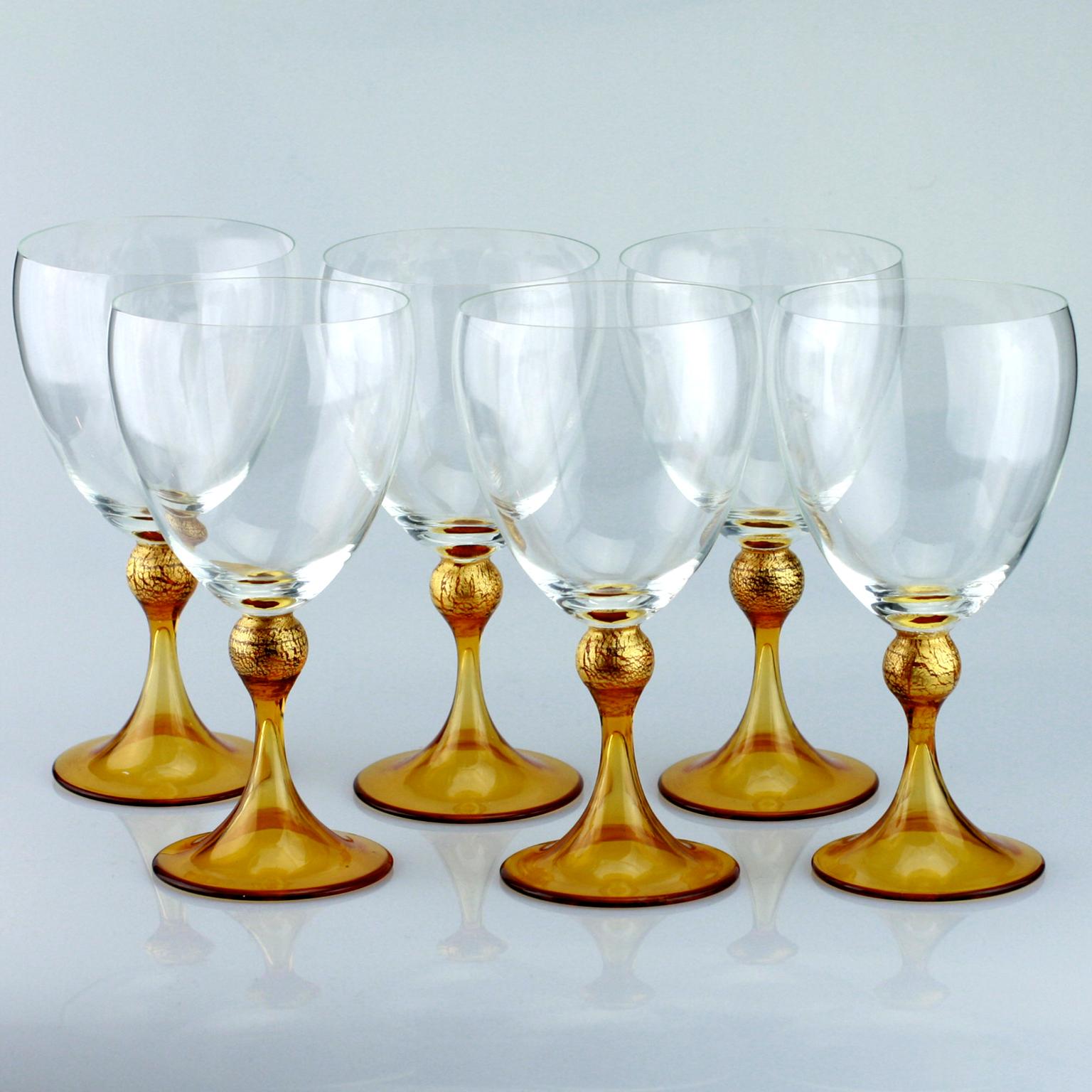 Italian Set of Six Seguso Murano Glass Goblets with Amber Steam