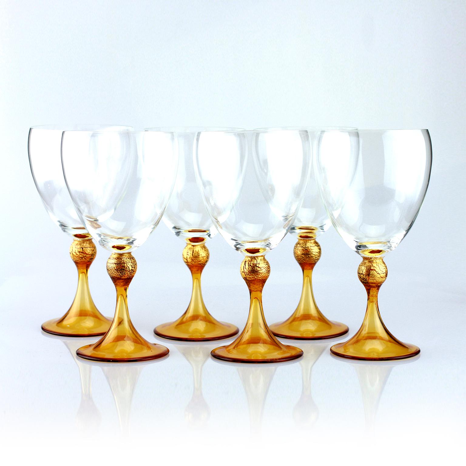Set of Six Seguso Murano Glass Goblets with Amber Steam In Excellent Condition In Murano-Venice, IT