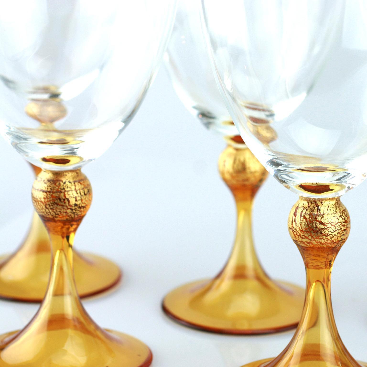 Contemporary Set of Six Seguso Murano Glass Goblets with Amber Steam