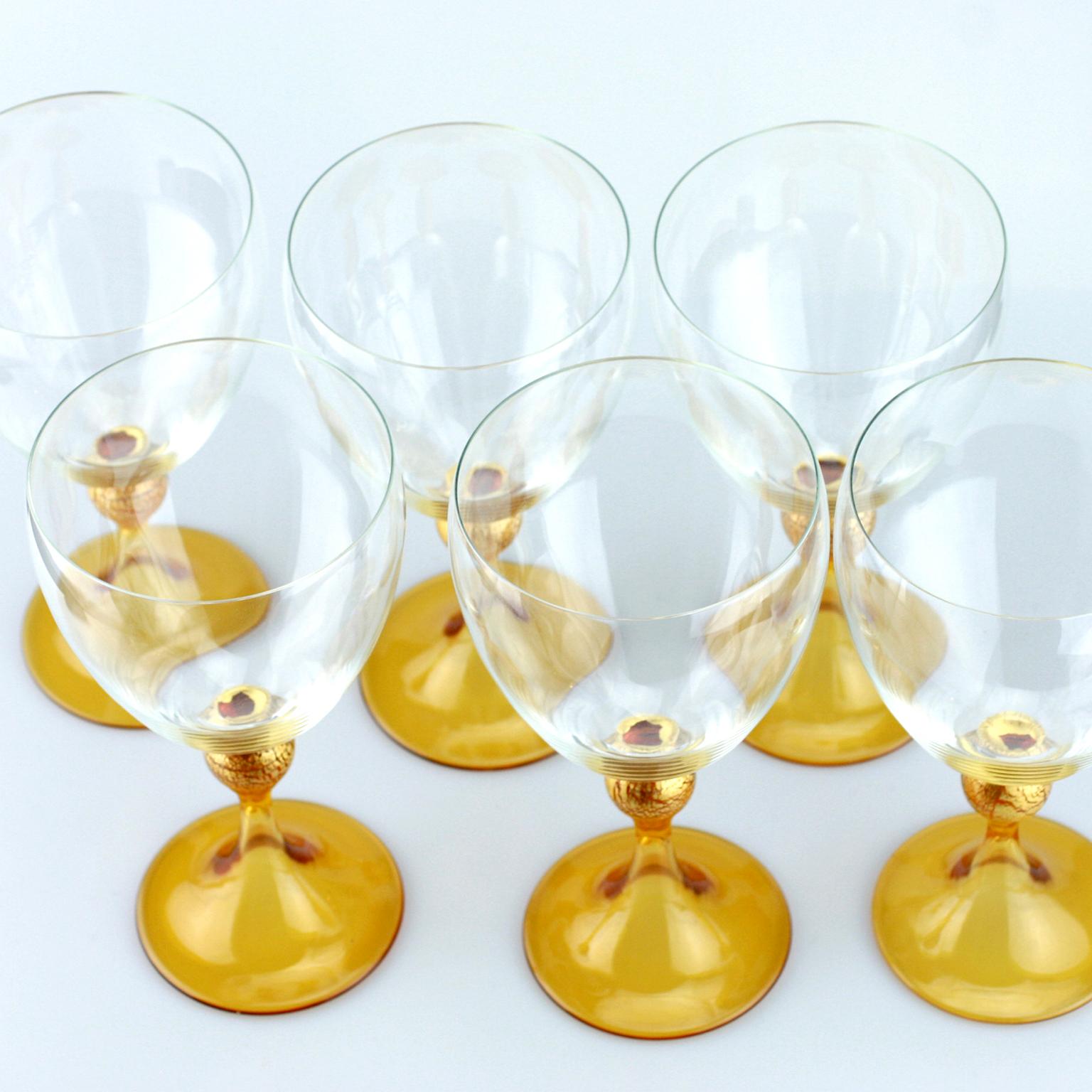 Art Glass Set of Six Seguso Murano Glass Goblets with Amber Steam
