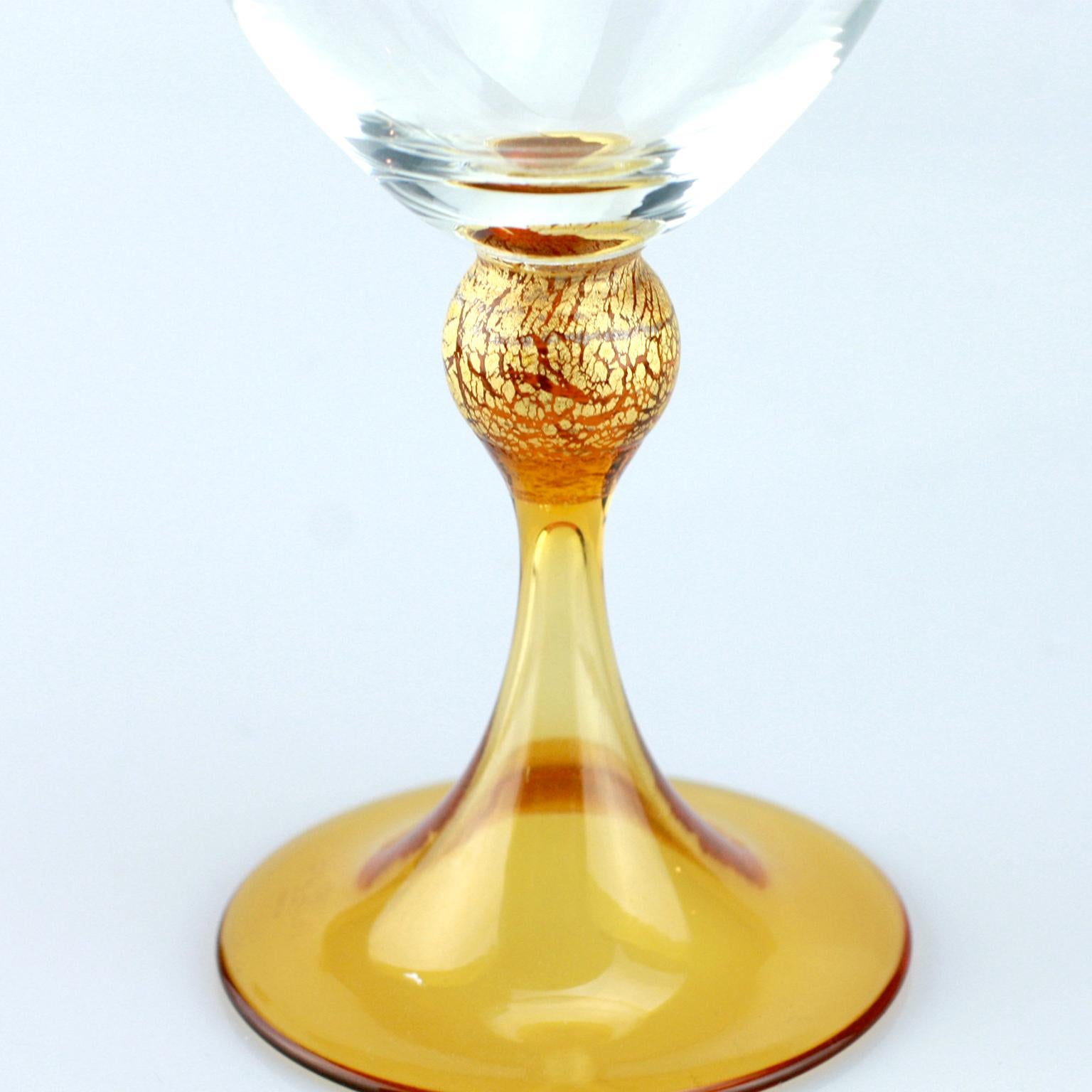 Set of Six Seguso Murano Glass Goblets with Amber Steam 1