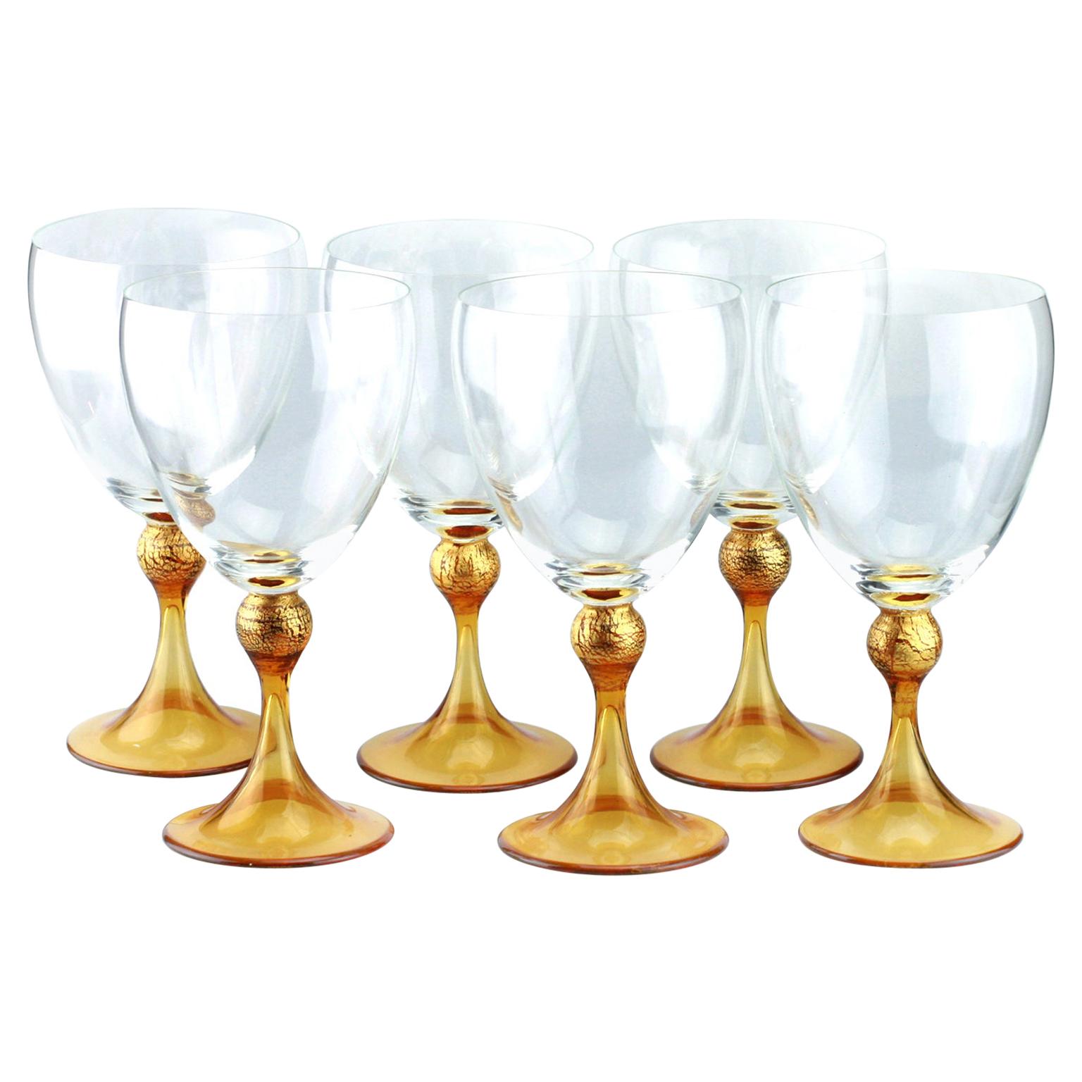 Set of Six Seguso Murano Glass Goblets with Amber Steam
