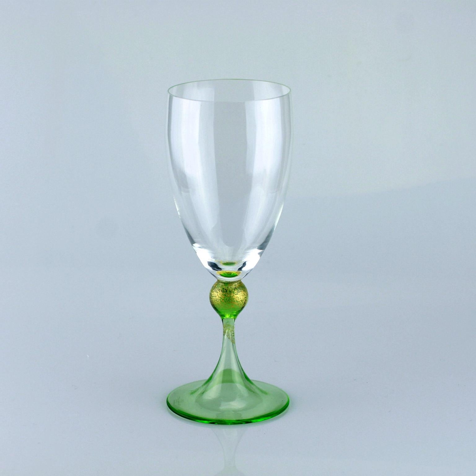 Set of six Seguso Murano glass goblets with green steam.