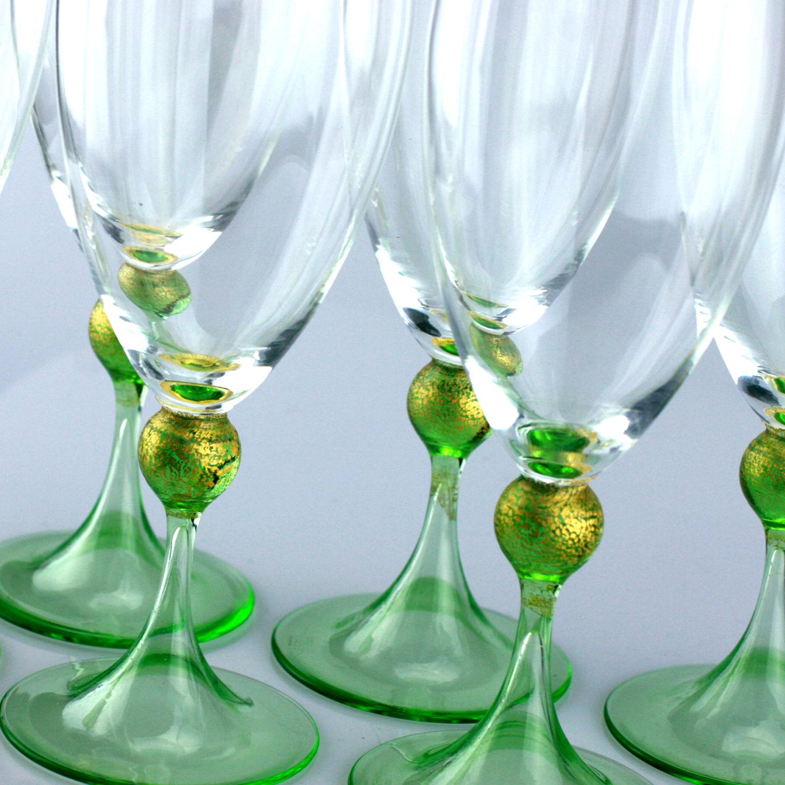 Art Glass Set of Six Seguso Murano Glass Goblets with Green Steam