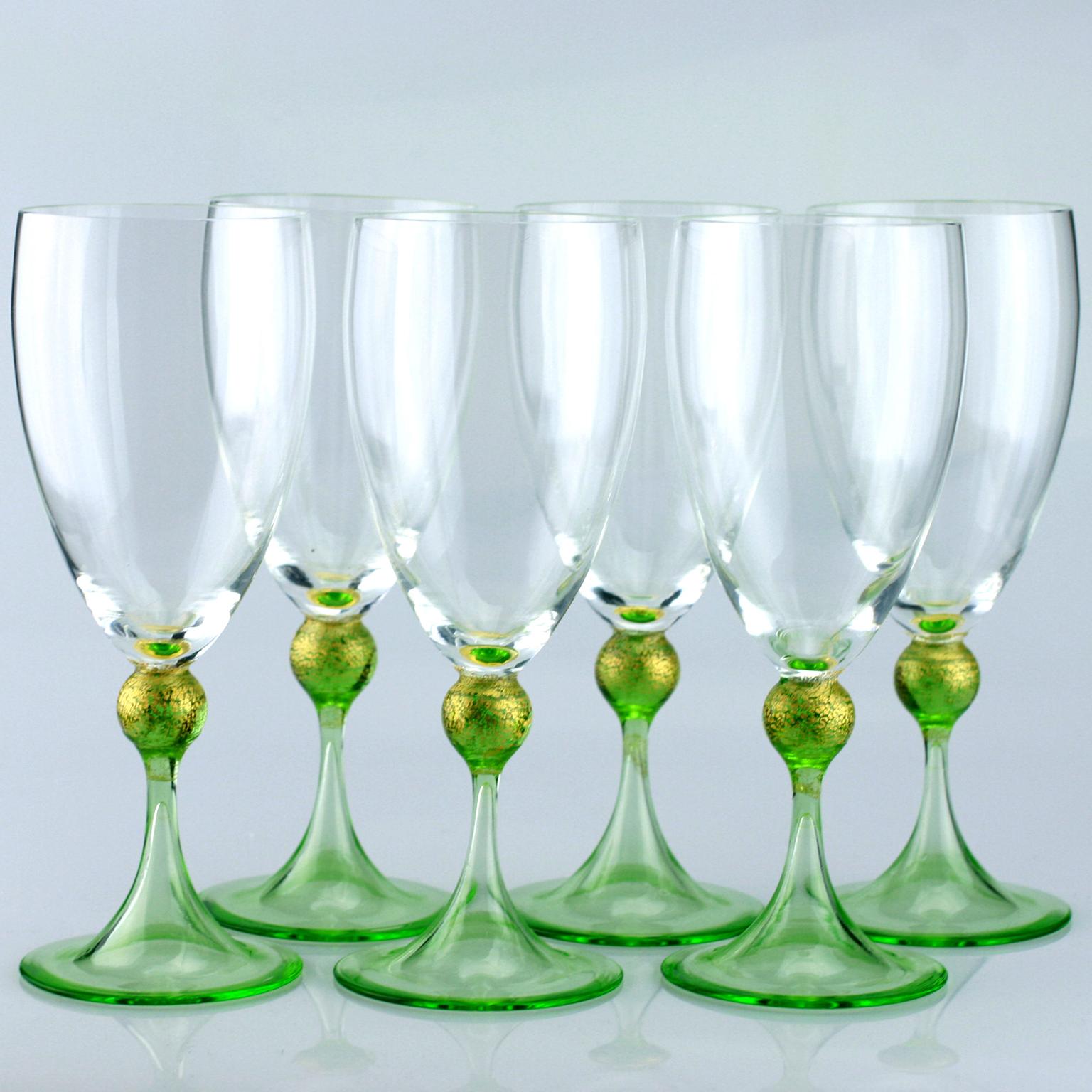 Set of Six Seguso Murano Glass Goblets with Green Steam 1