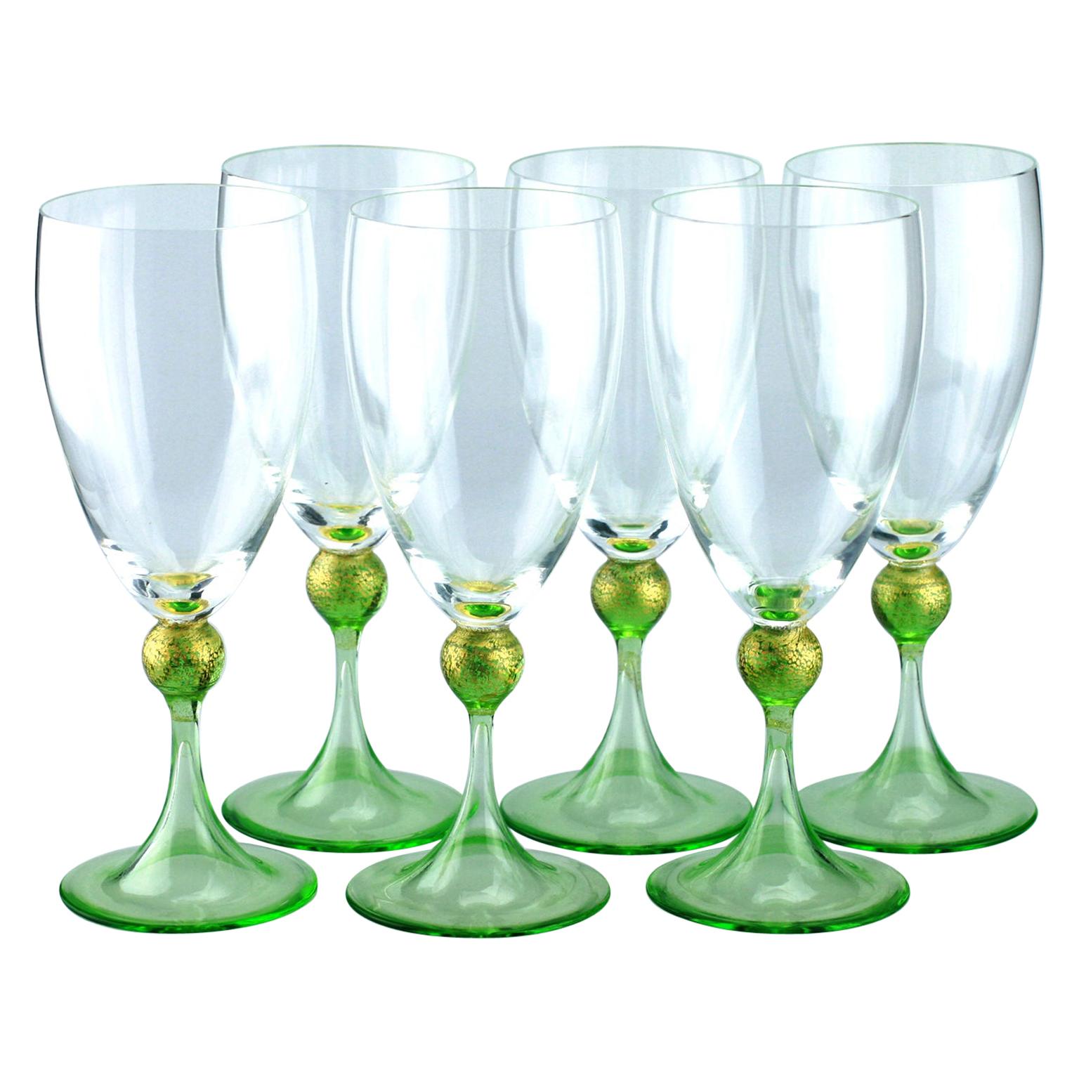 Set of Six Seguso Murano Glass Goblets with Green Steam