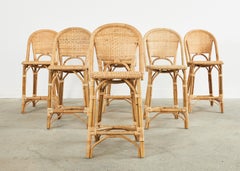Set of Six Serena and Lily Rattan Wicker Counter Height Barstools