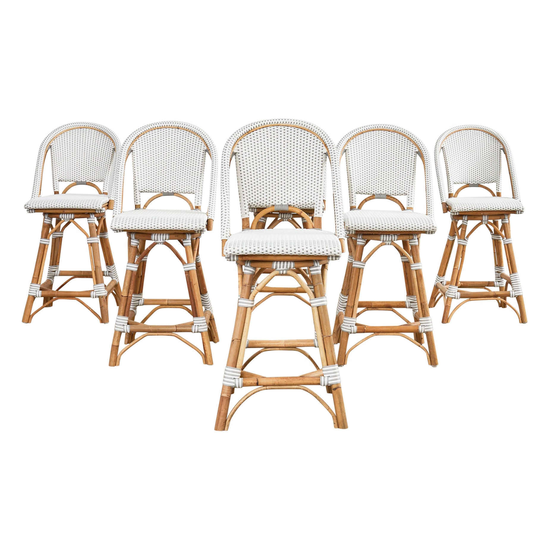 Set of Six Serena and Lily Riviera Rattan Bistro Swivel Barstools