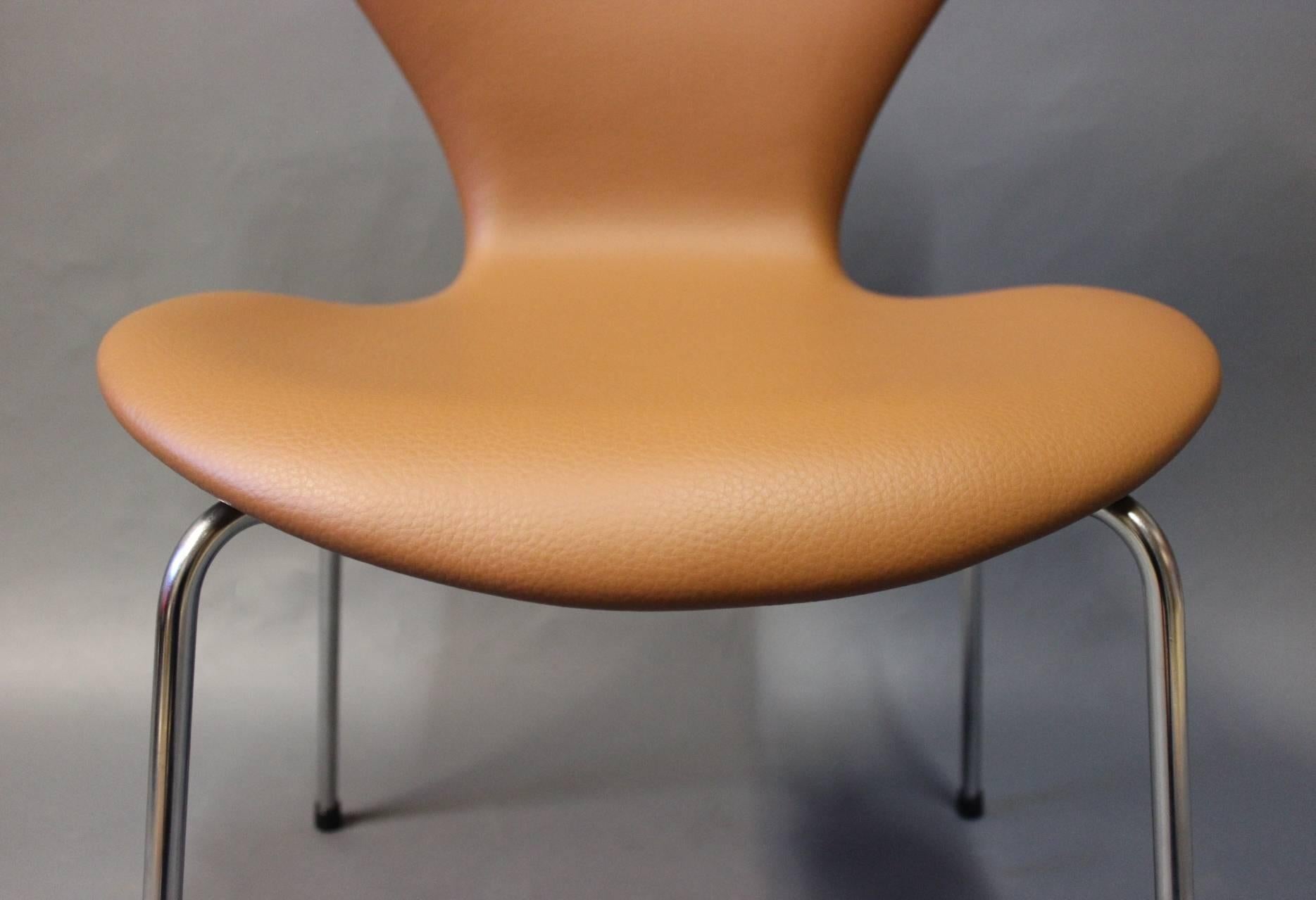 Leather Set of Six Series 7 Chairs, Model 3107, by Arne Jacobsen and Fritz Hansen