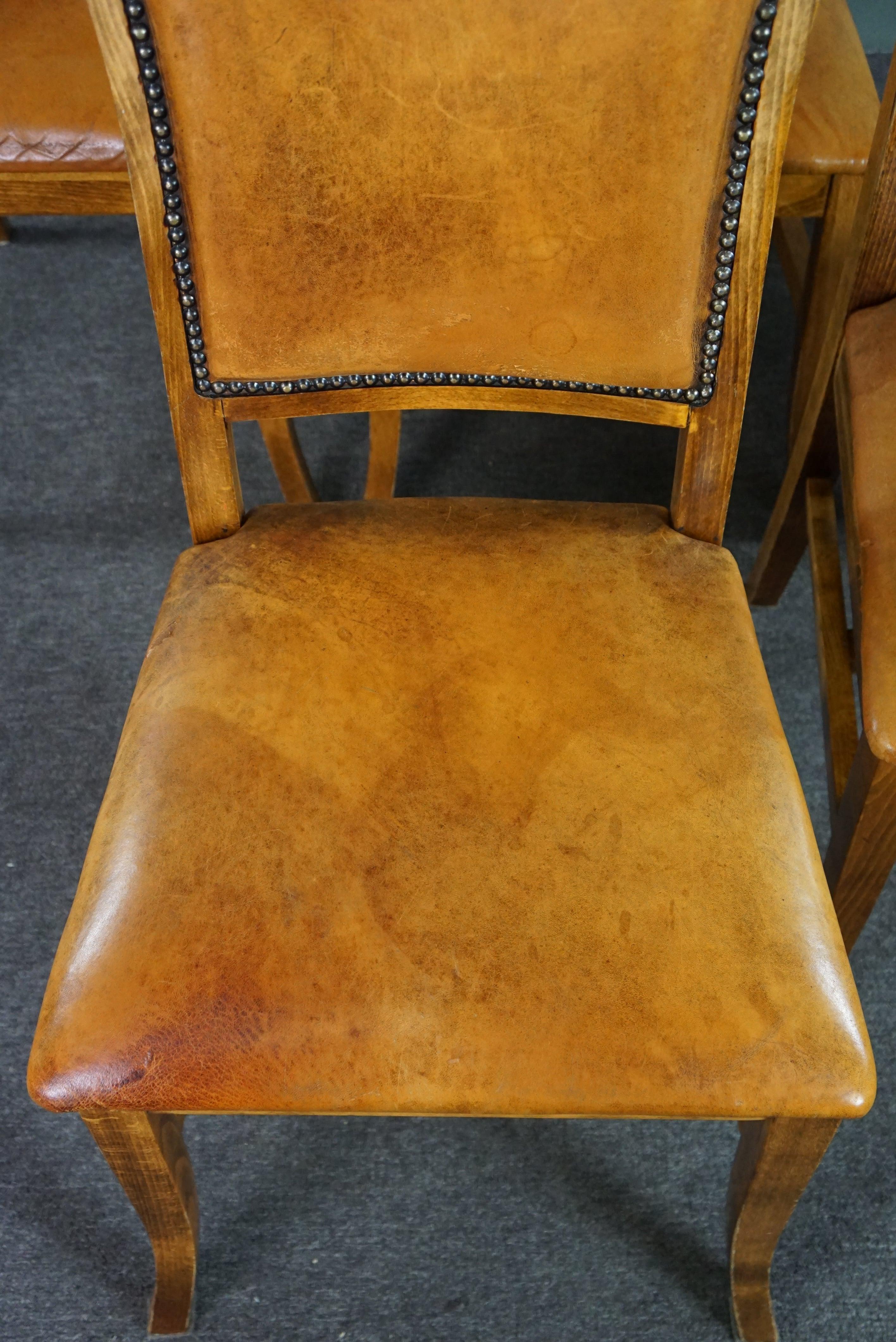 Set of six sheep leather dining chairs with a light wooden frame For Sale 1