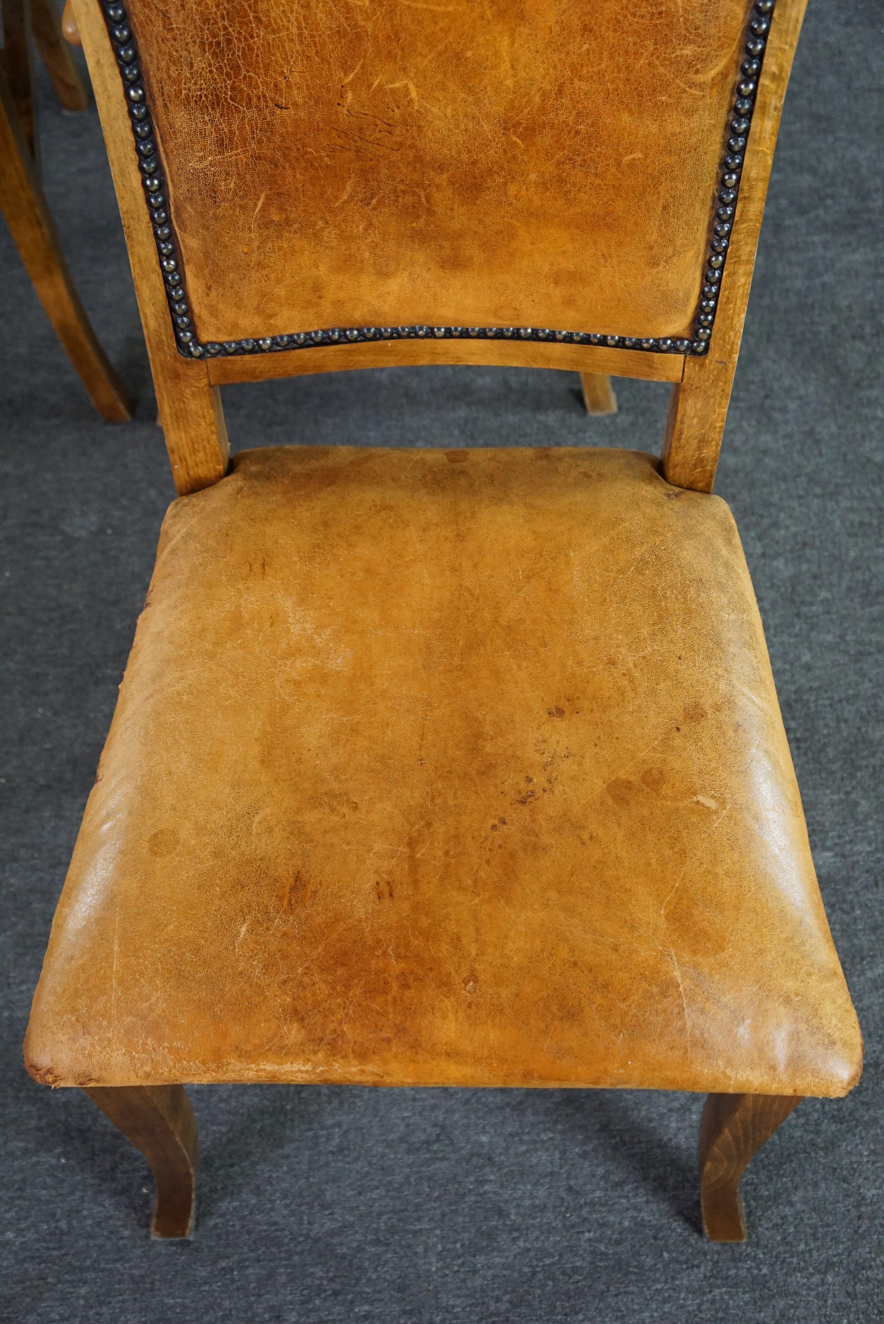 Set of six sheep leather dining chairs with a light wooden frame For Sale 3