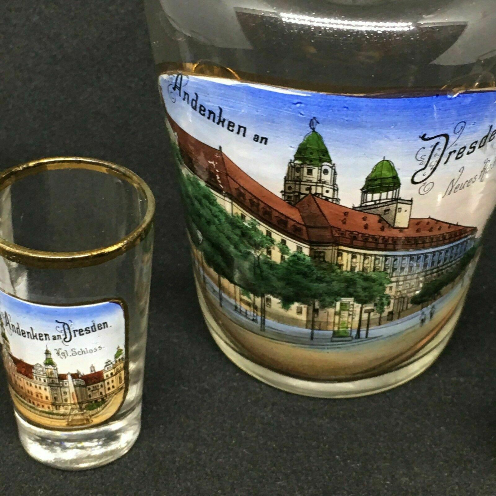 Set of Six Shot Glasses and Liqueur Bottle Antique German Souvenir Dresden For Sale 2