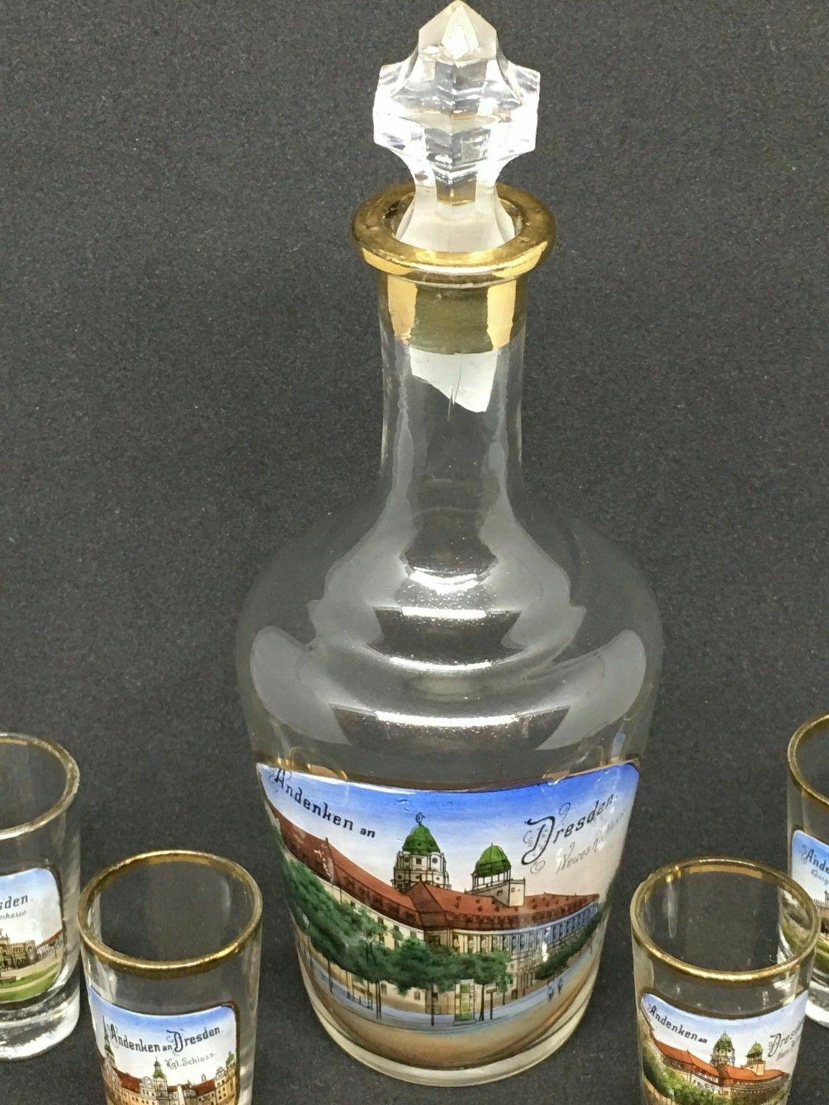 Ensemble de six verres à liqueur et bouteille de liqueur d'antiquités allemandes de Dresde Bon état - En vente à Nuernberg, DE