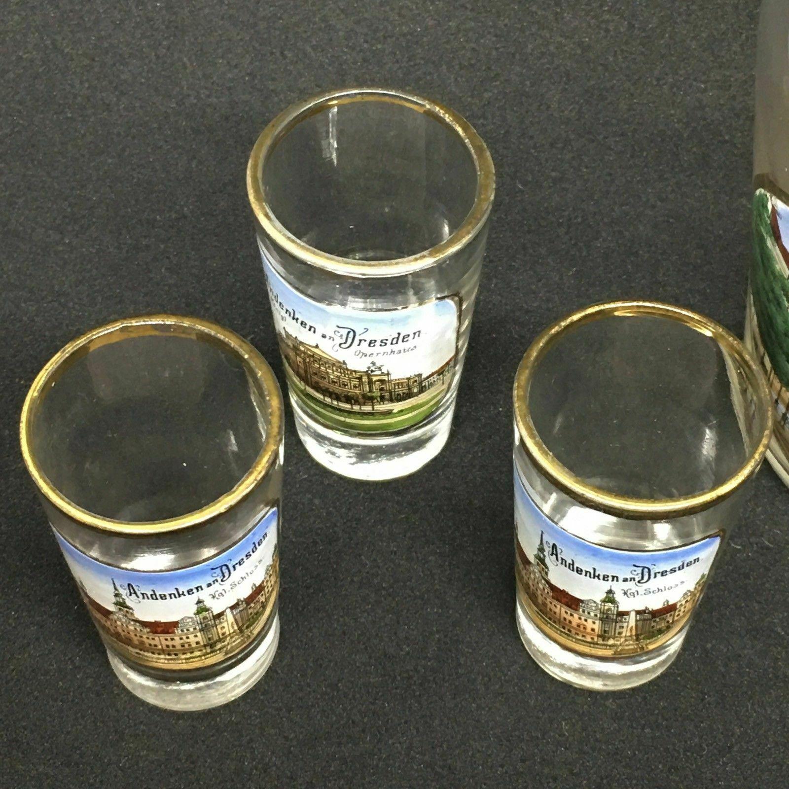 Early 20th Century Set of Six Shot Glasses and Liqueur Bottle Antique German Souvenir Dresden For Sale