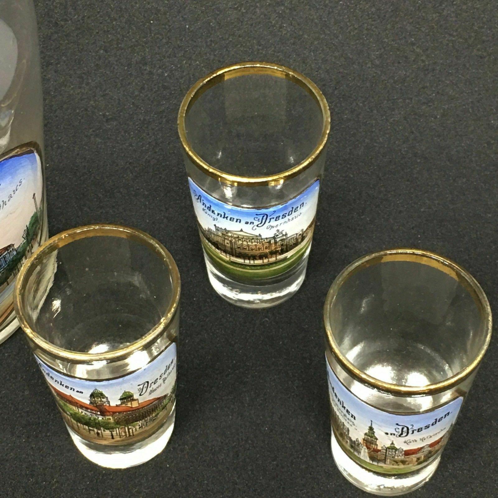 Blown Glass Set of Six Shot Glasses and Liqueur Bottle Antique German Souvenir Dresden For Sale