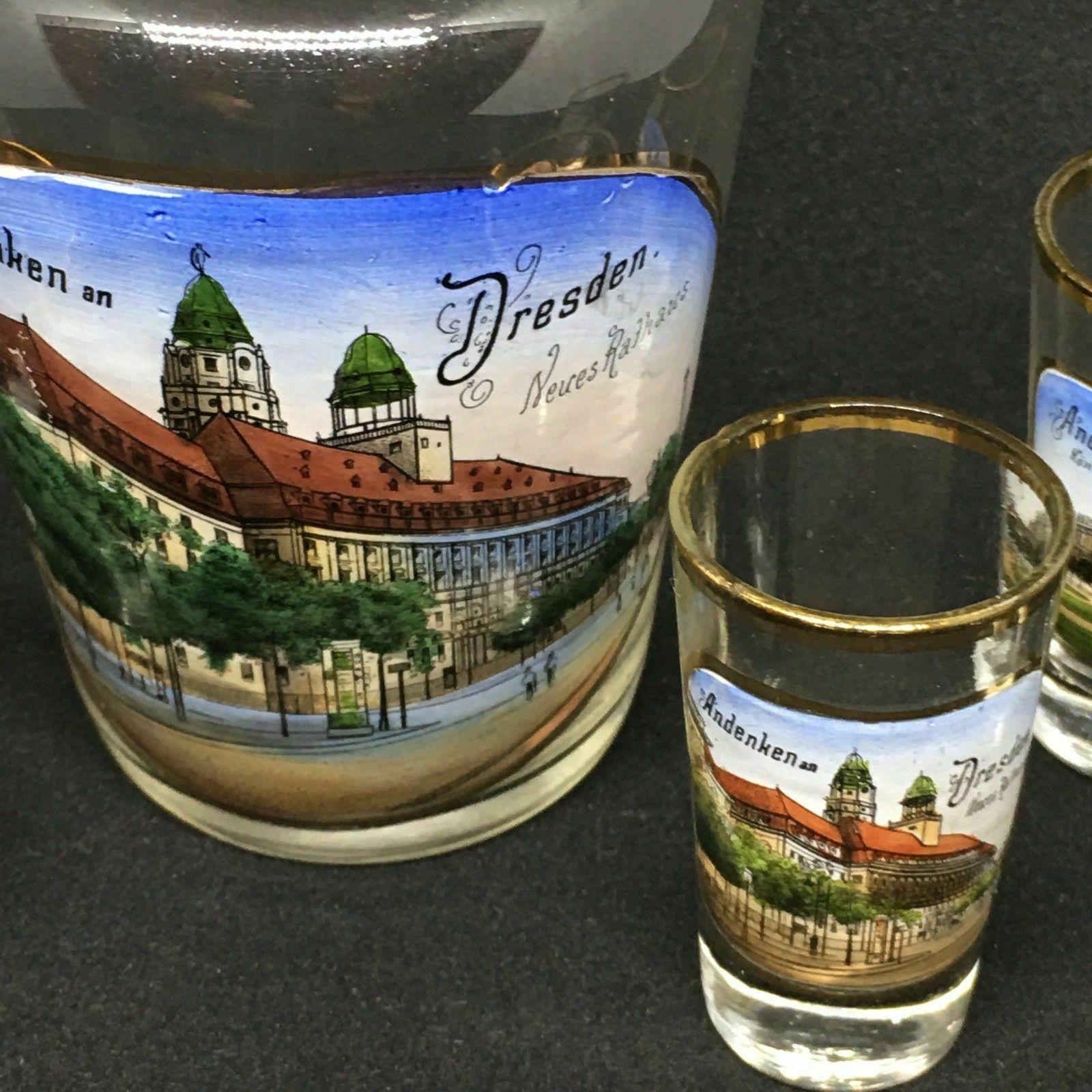 Set of Six Shot Glasses and Liqueur Bottle Antique German Souvenir Dresden For Sale 1