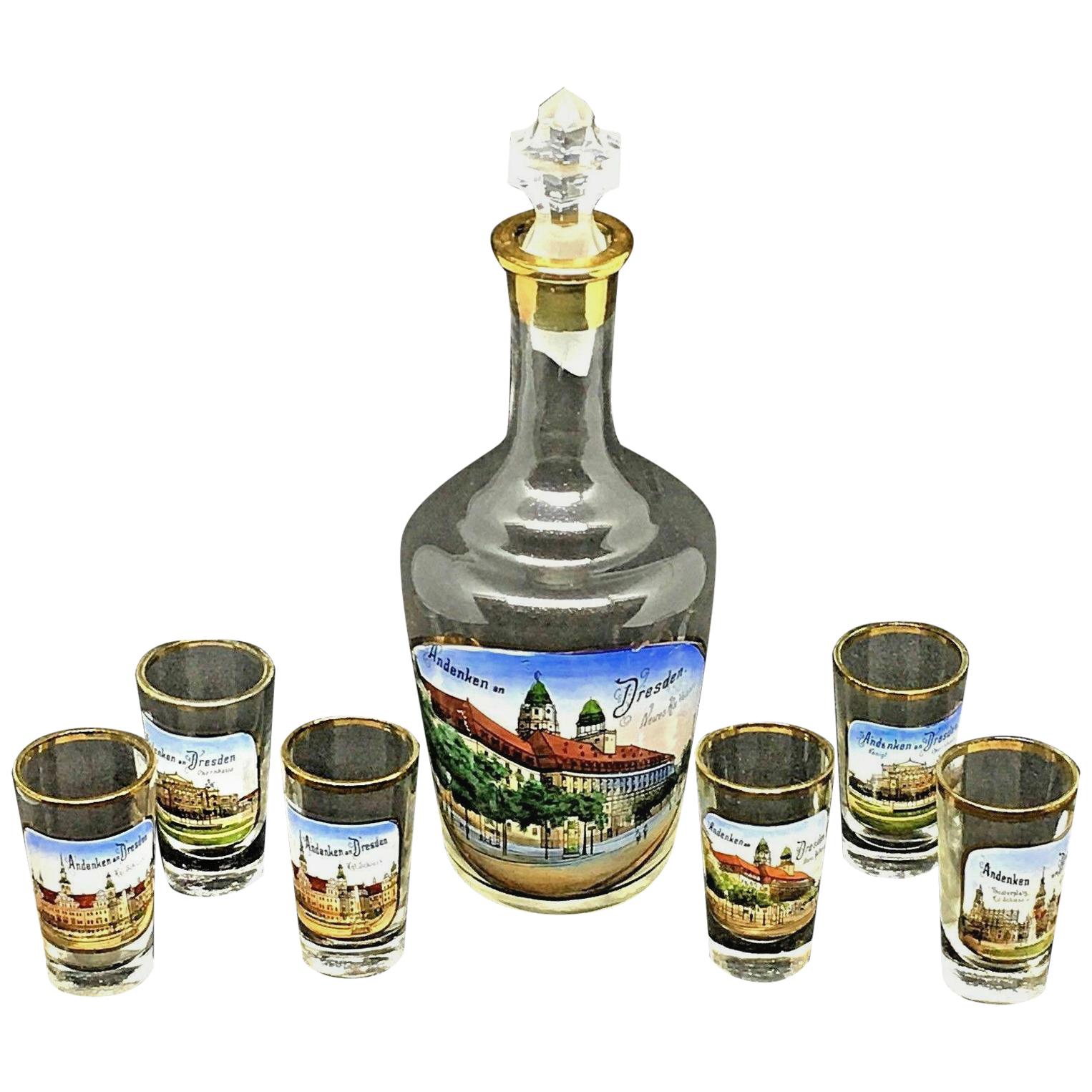 Set of Six Shot Glasses and Liqueur Bottle Antique German Souvenir Dresden For Sale