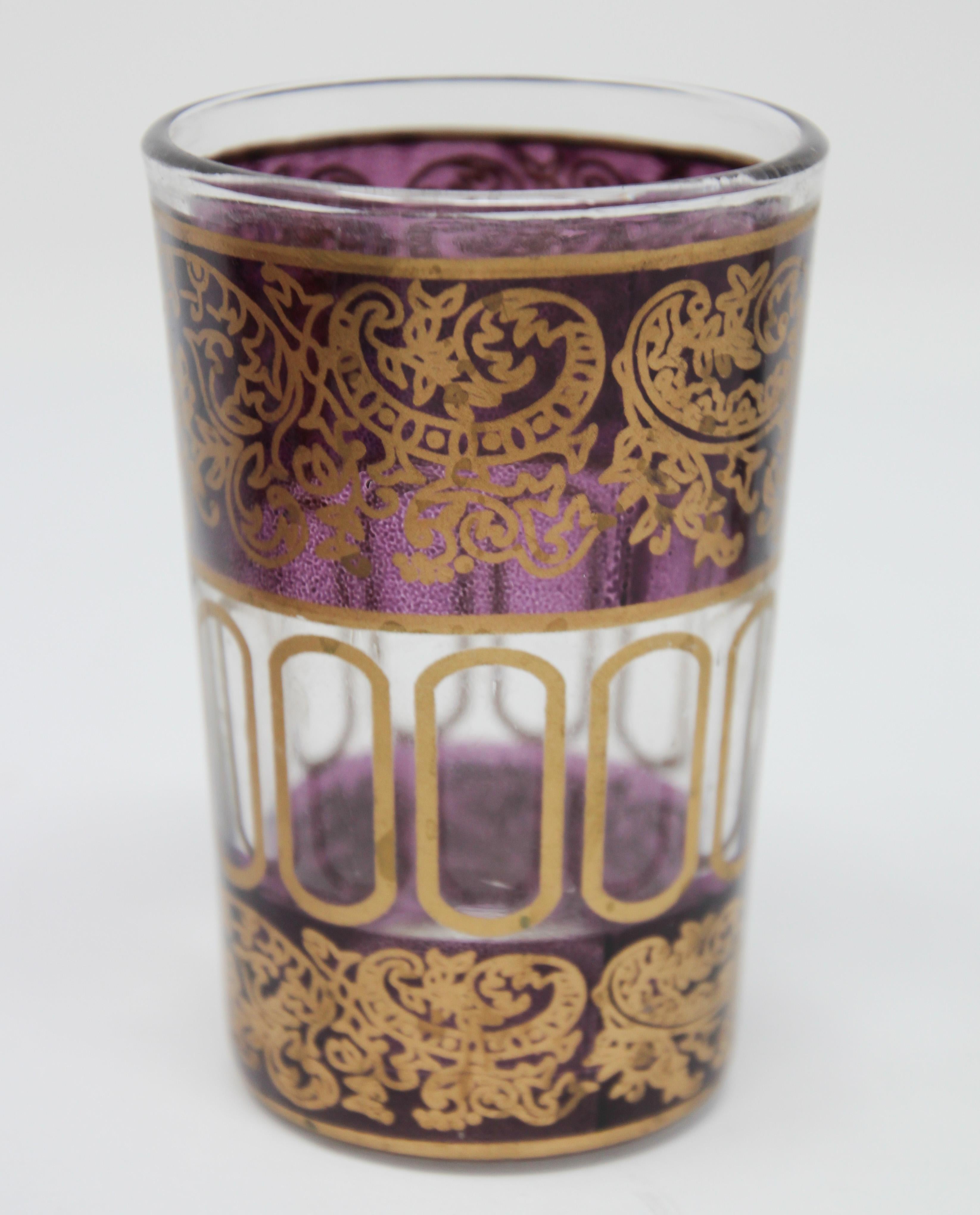 Set of Six Moroccan Glasses with Gold Raised Moorish Design For Sale 1