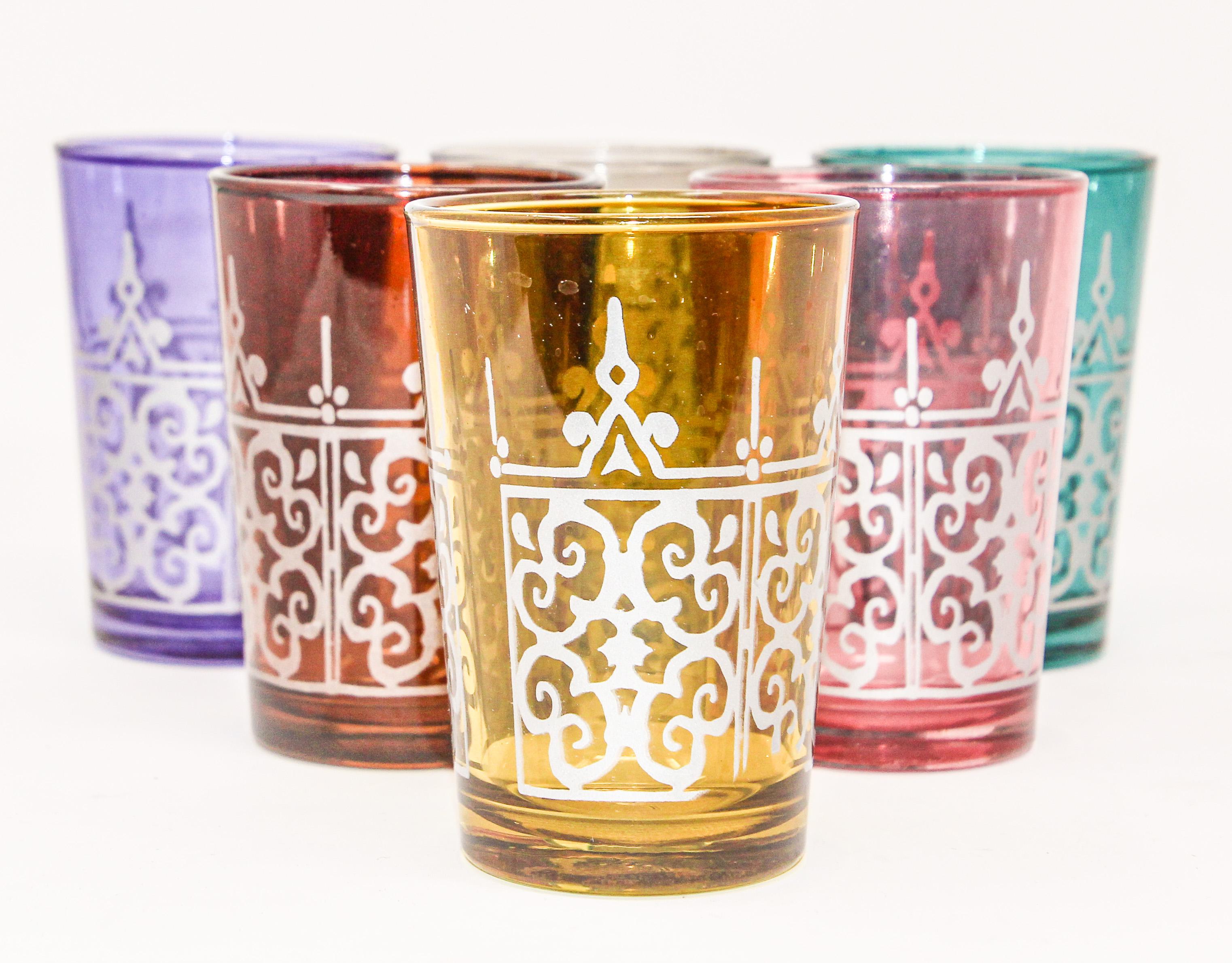 20th Century Set of Six Moroccan Shot Tea Glasses with Silver Raised Moorish Design