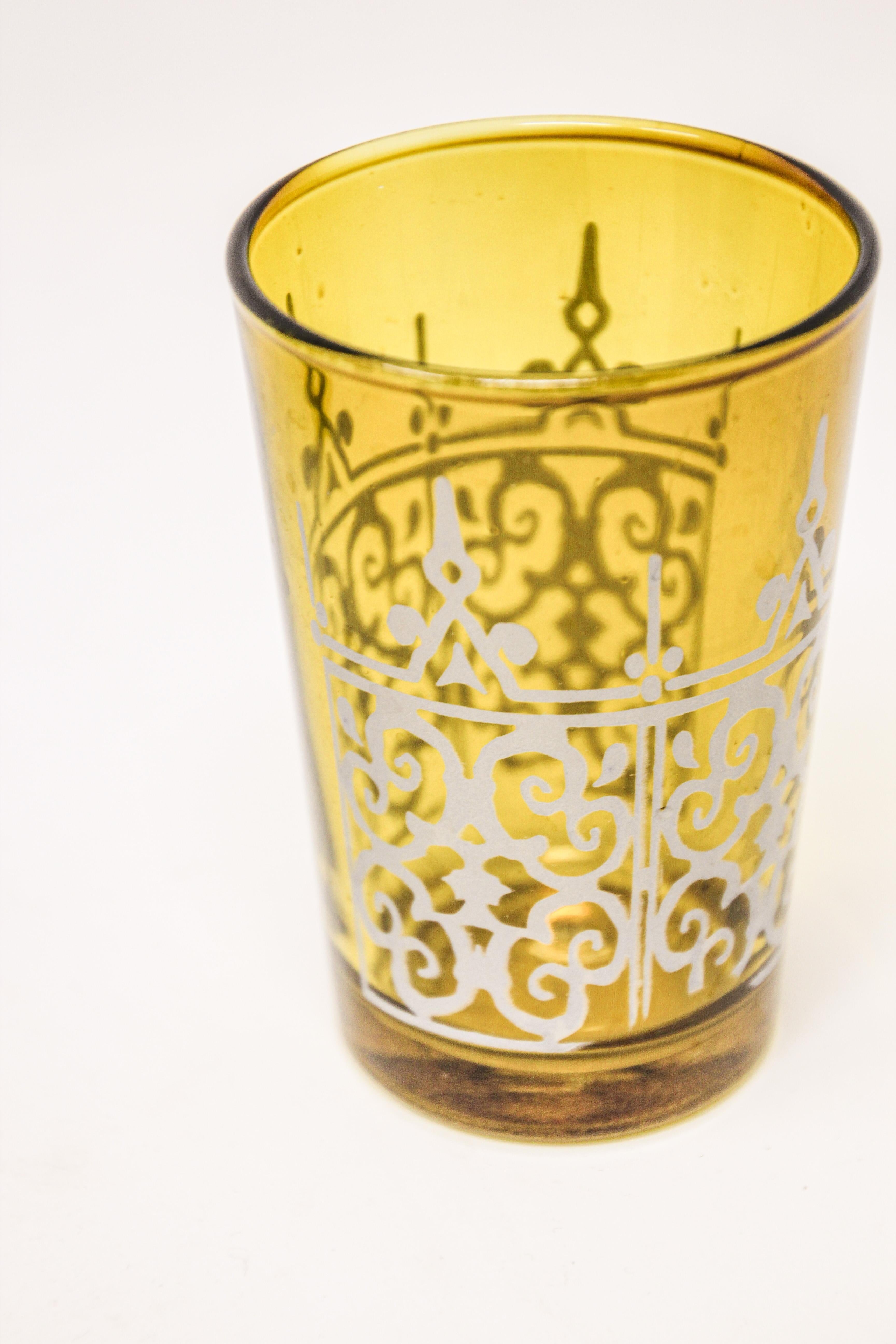 Set of Six Moroccan Shot Tea Glasses with Silver Raised Moorish Design 1