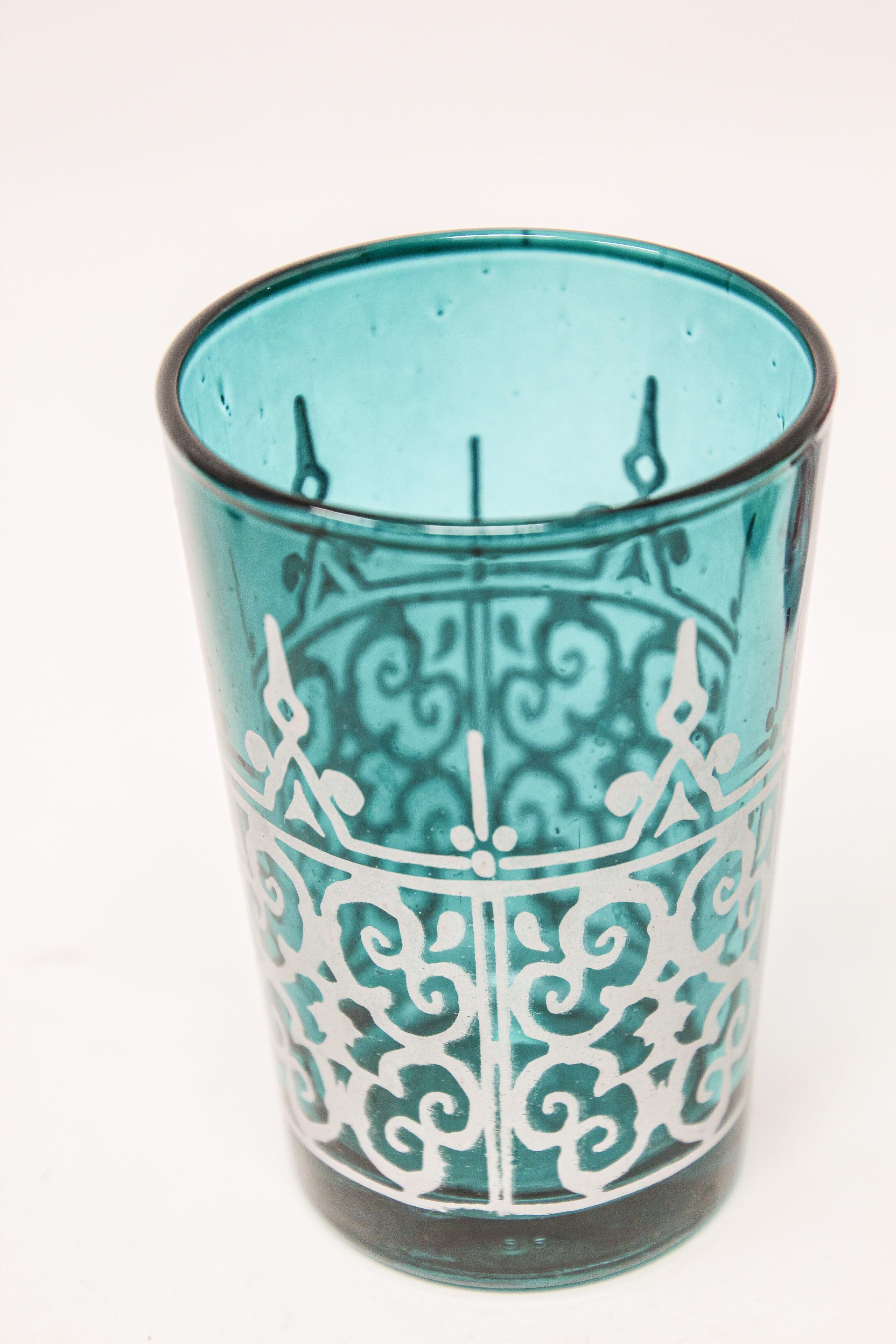 Set of Six Moroccan Shot Tea Glasses with Silver Raised Moorish Design 3