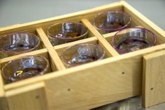 Set of six shots holo glasses in the wood box. "Drunk Glasses"