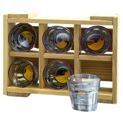 Set of six shots holo glasses in the wood box. "Drunk Glasses"