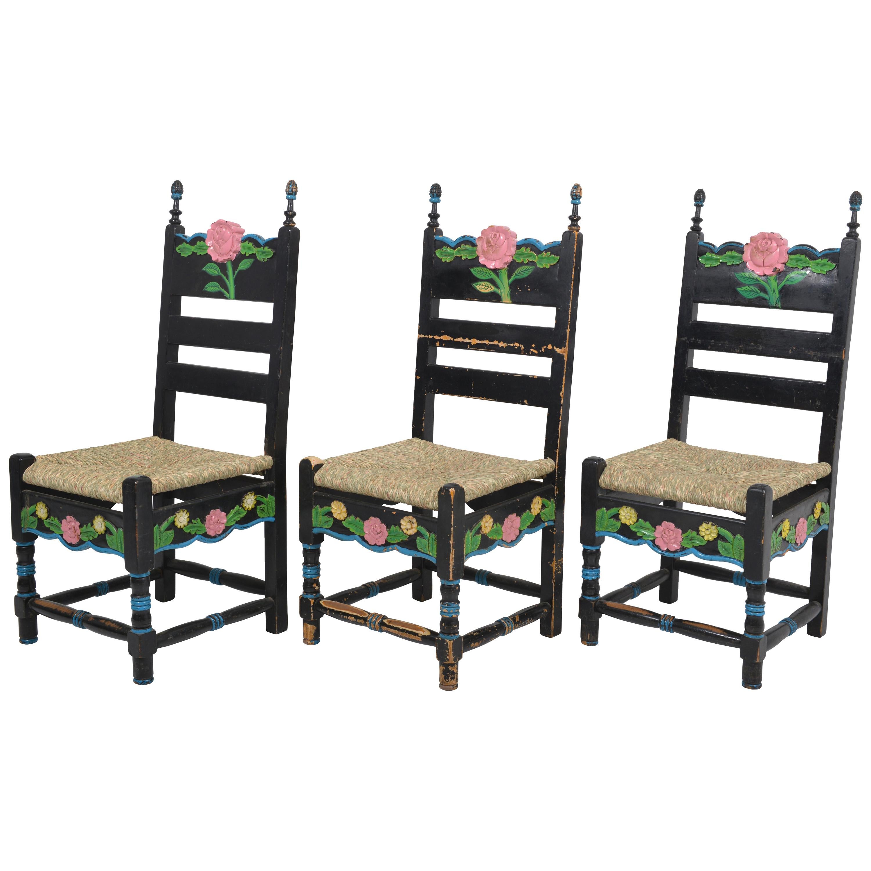 Set of Six Sicilian Painted Rustic Chairs, circa 1950 For Sale
