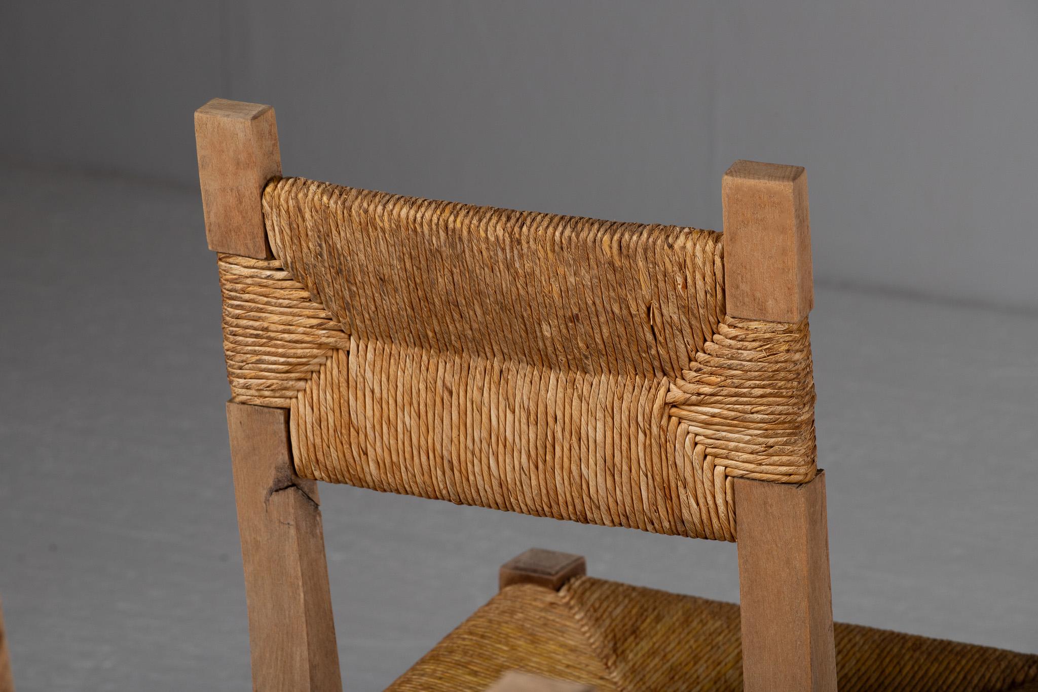 French Set of Six Side Chairs in Rush and Oak, France, 1950s For Sale