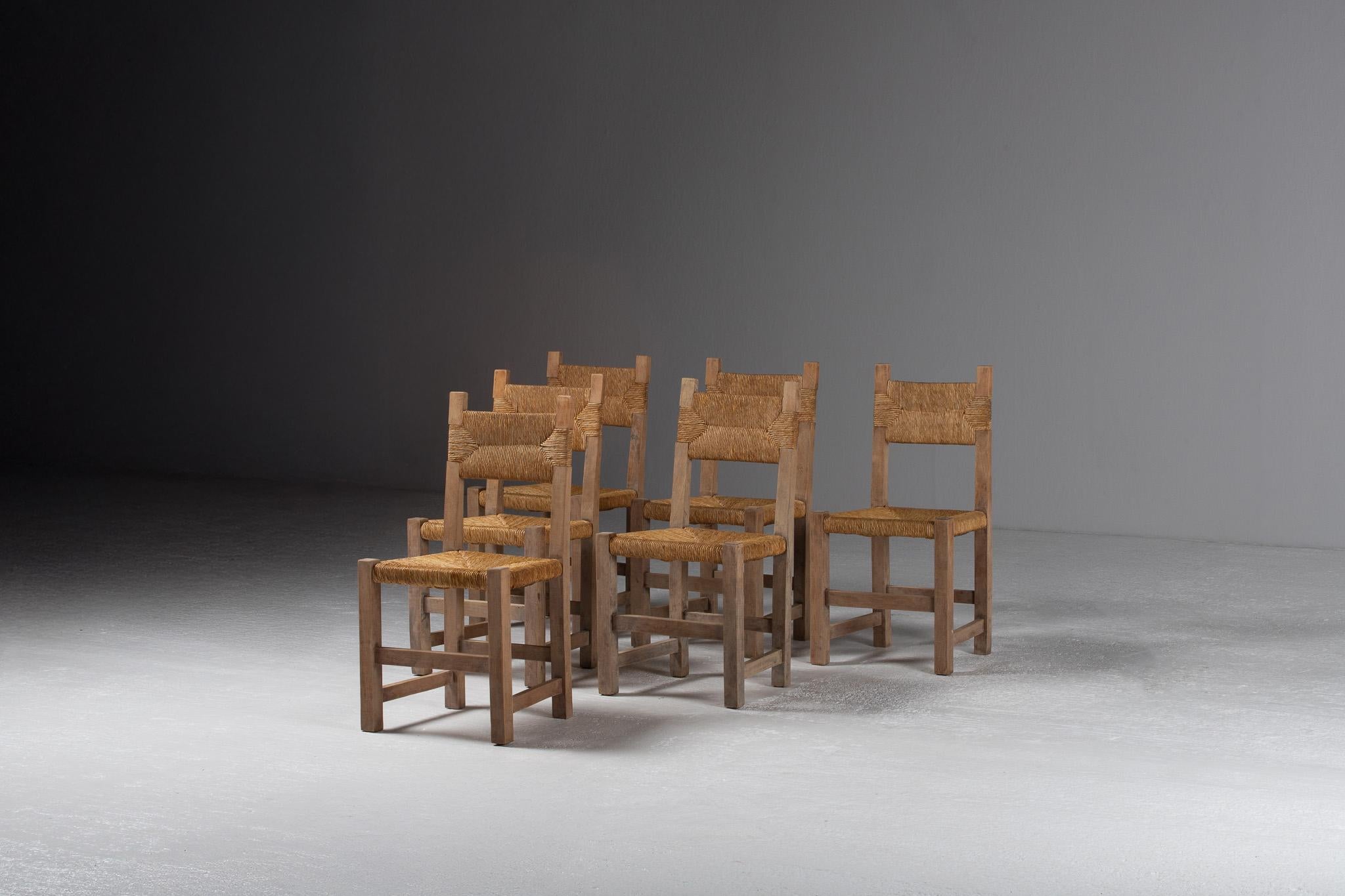 Set of Six Side Chairs in Rush and Oak, France, 1950s In Good Condition For Sale In Kaštel Sućurac, Splitsko-dalmatinska županija