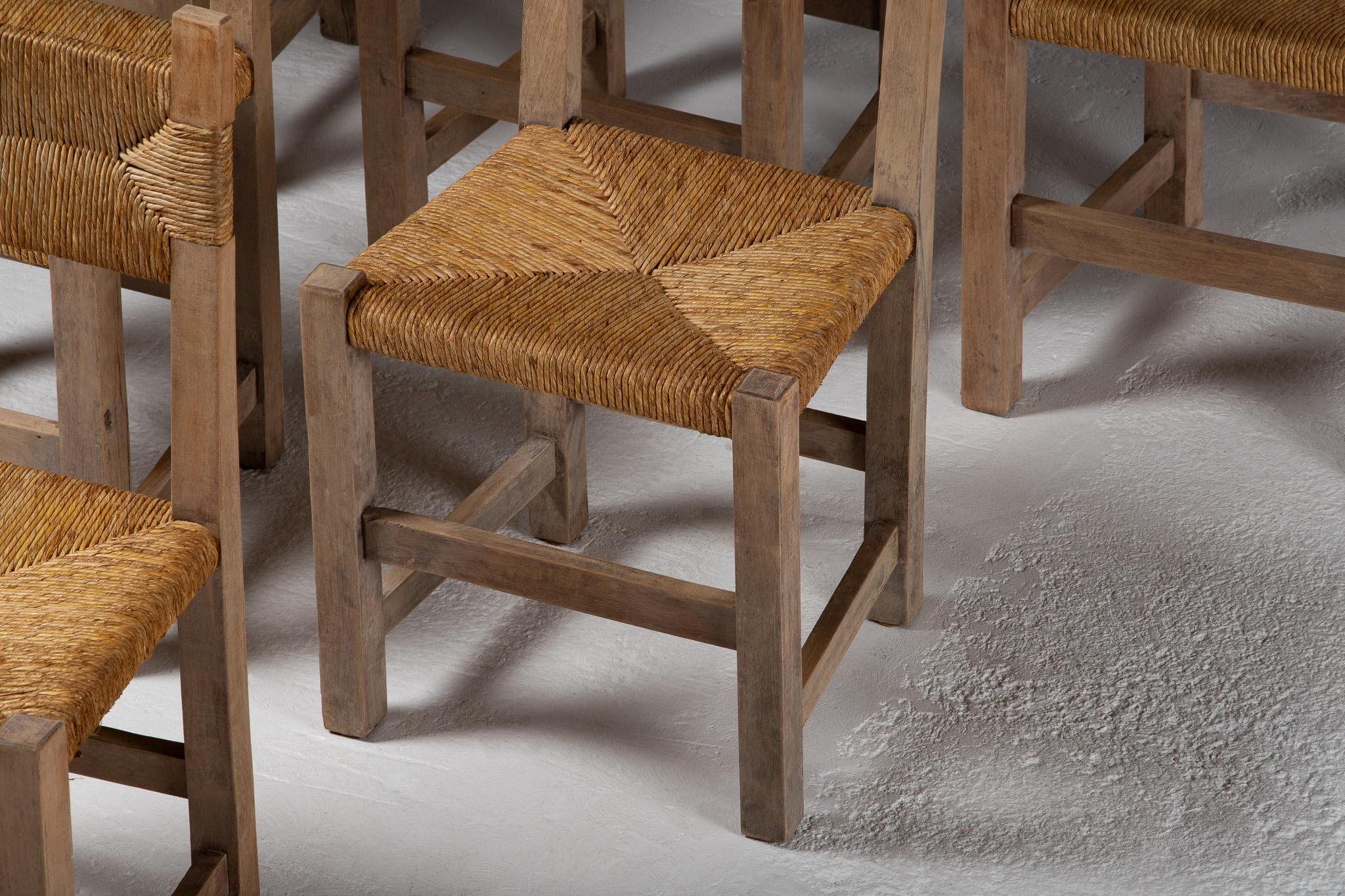 20th Century Set of Six Side Chairs in Rush and Oak, France, 1950s For Sale