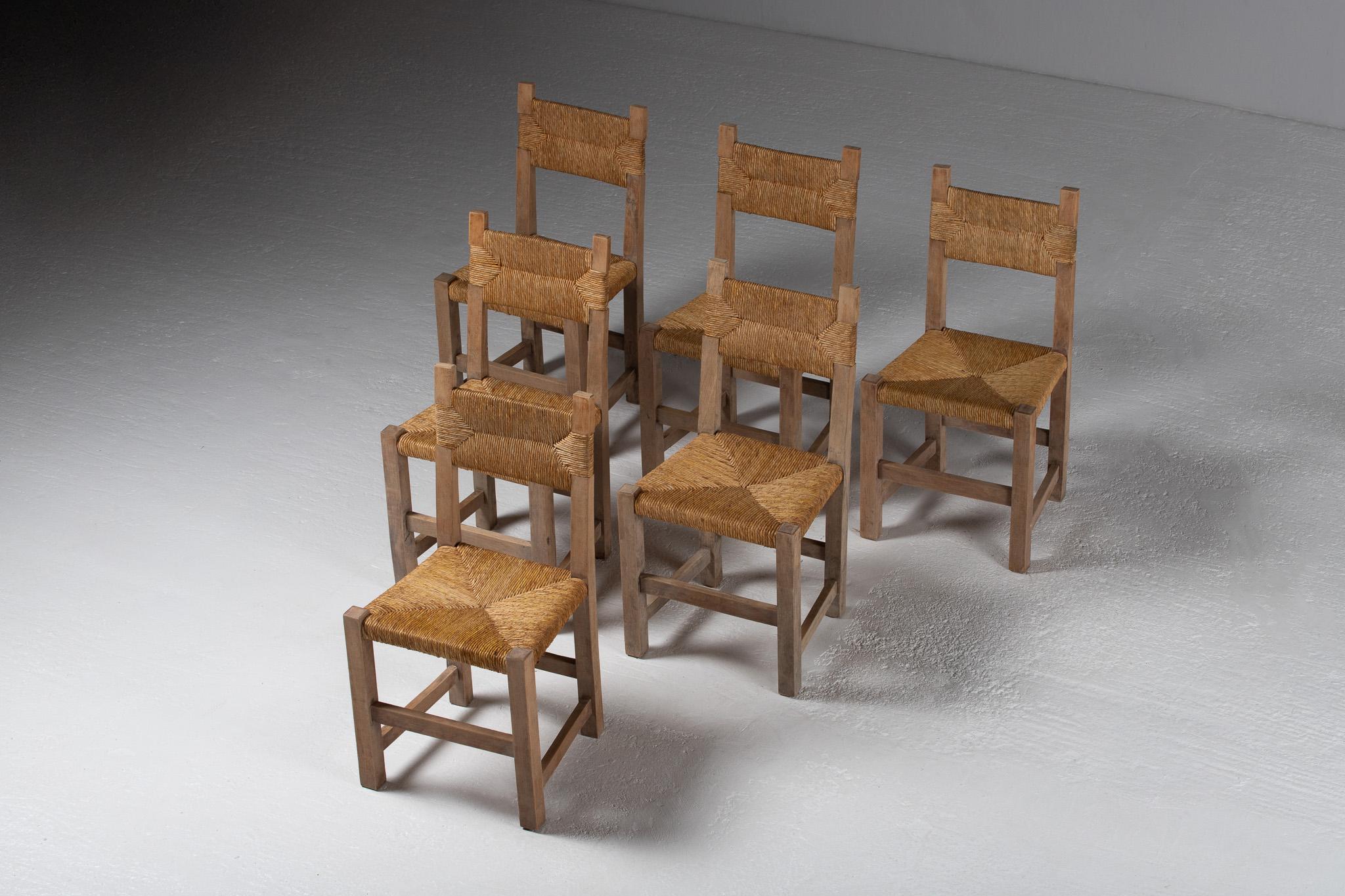 Set of Six Side Chairs in Rush and Oak, France, 1950s For Sale 1