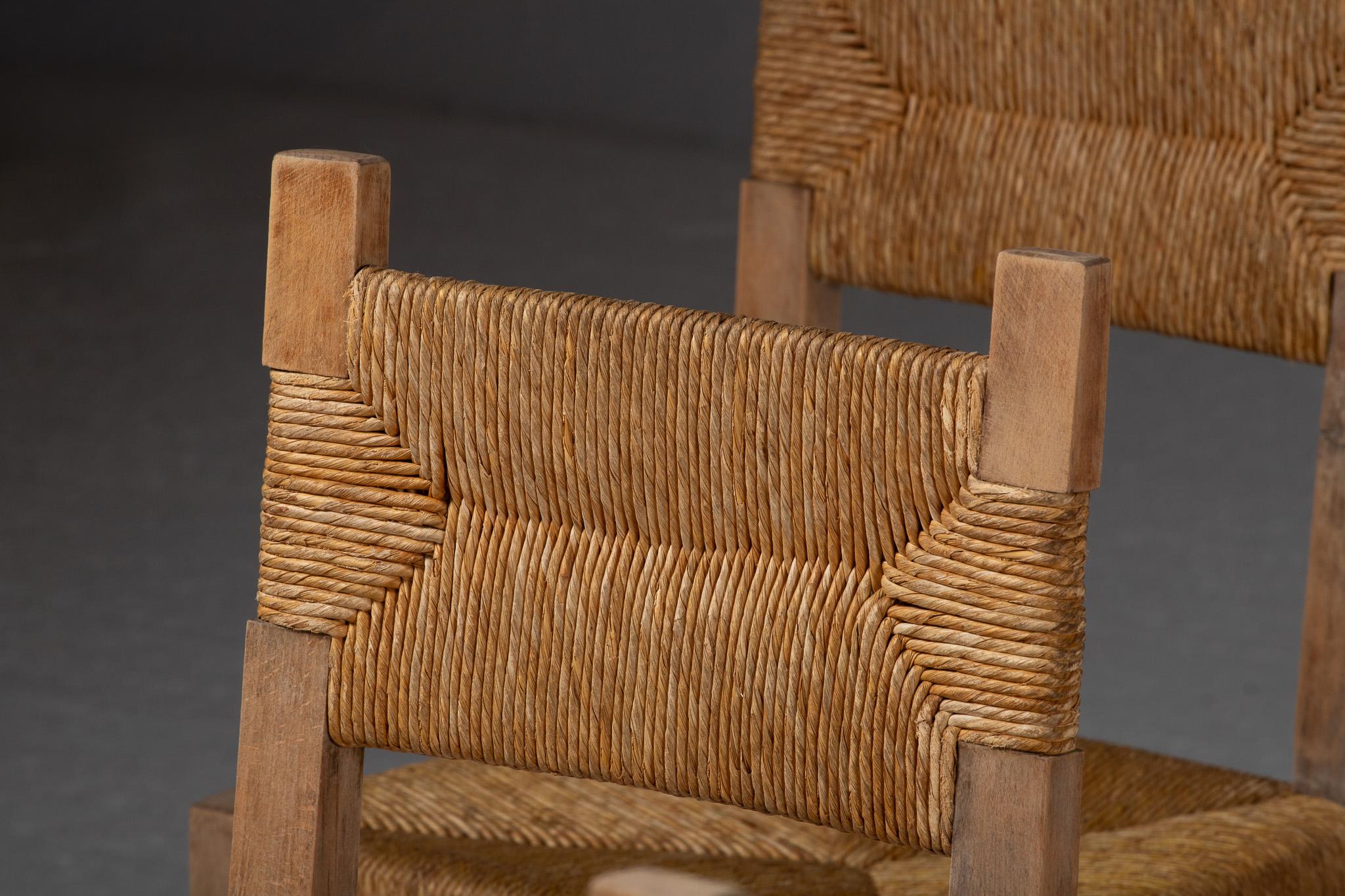 Set of Six Side Chairs in Rush and Oak, France, 1950s For Sale 2