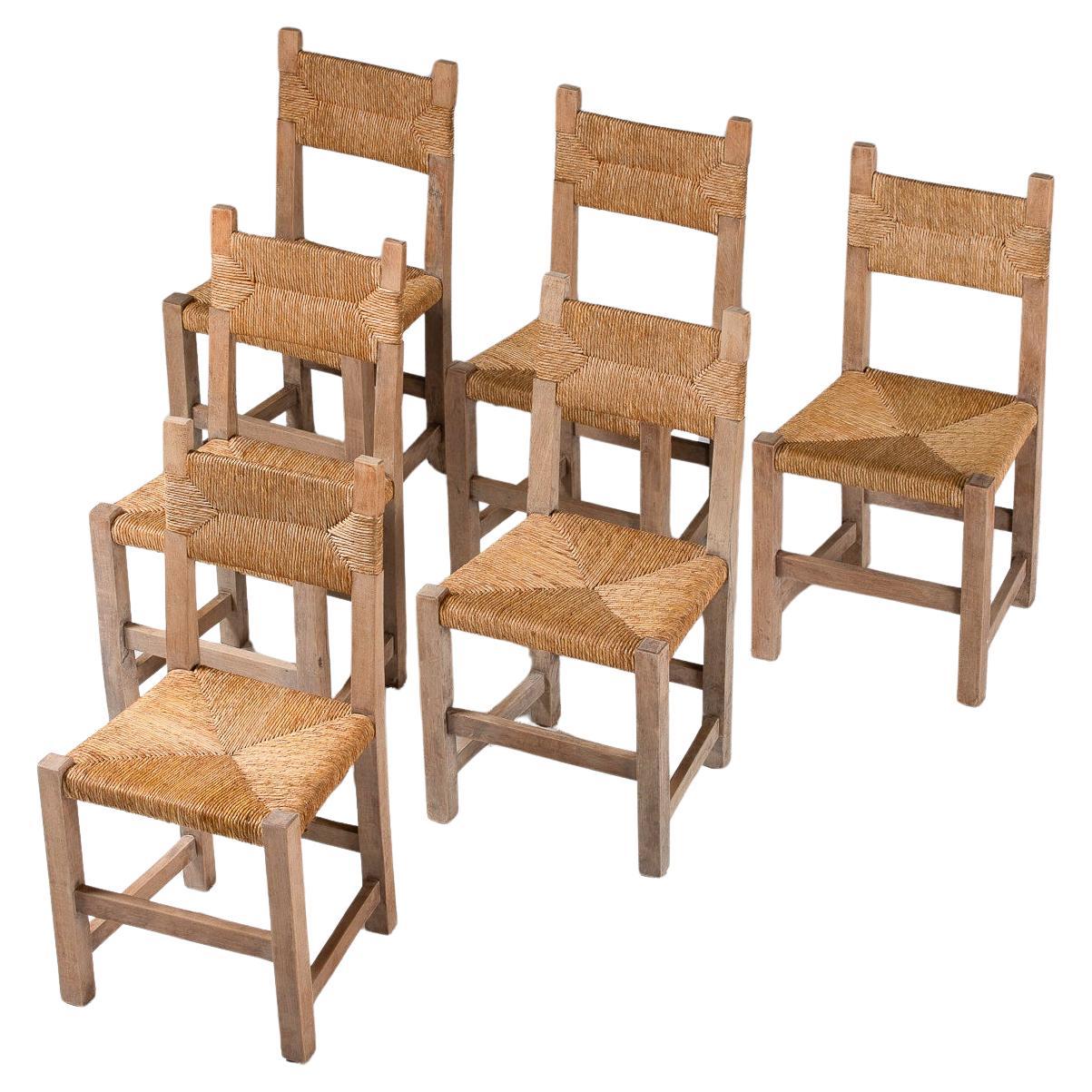 Set of Six Side Chairs in Rush and Oak, France, 1950s