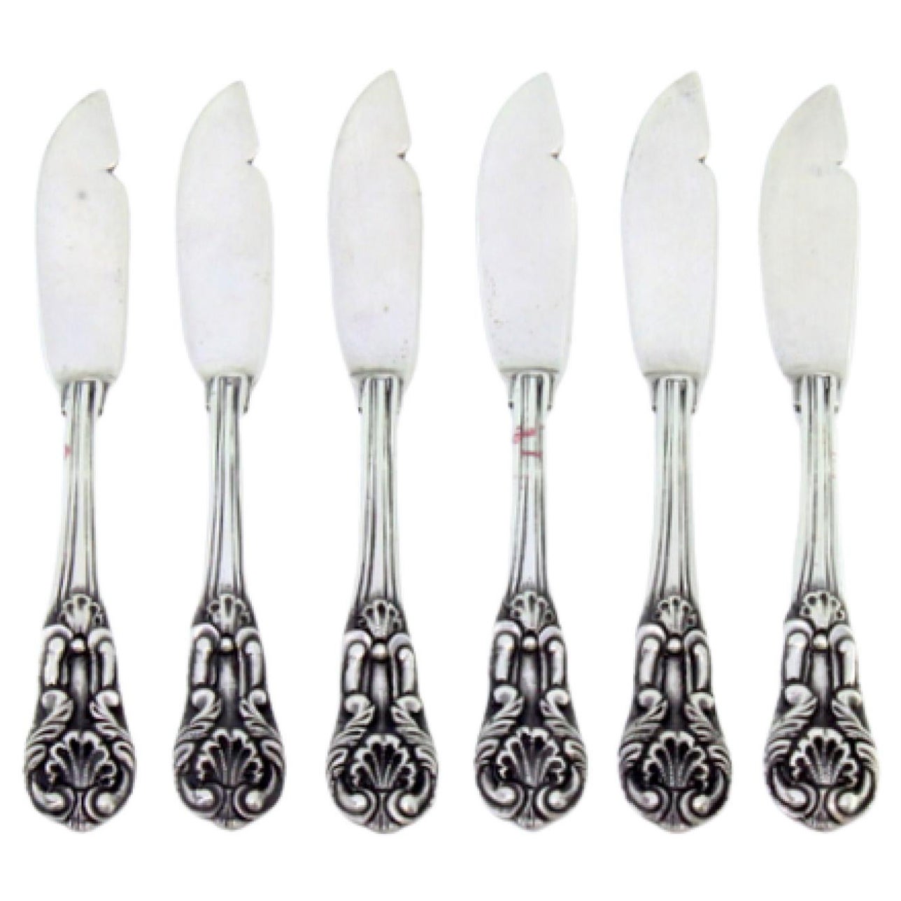 Set of six silver butter knives with reliefs and grooves along the handles