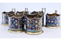 Set of six silver coasters with cloissonè-style enamels