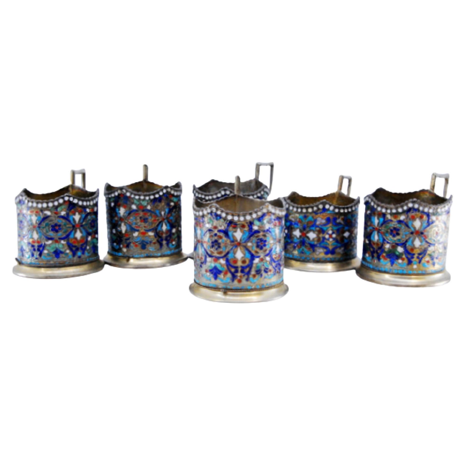 Set of six silver coasters with cloissonè-style enamels