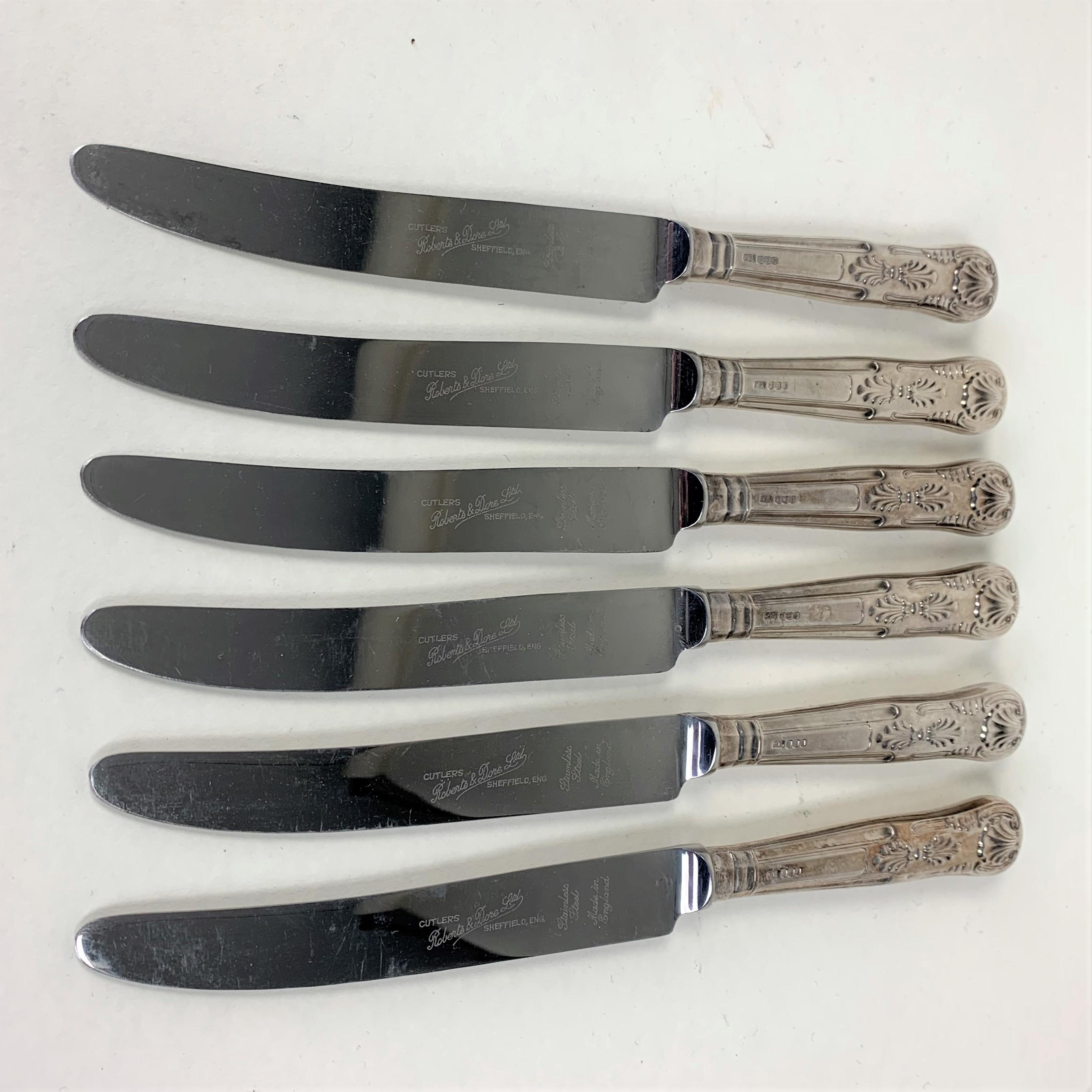 Fine quality set of six Kings pattern table knives with fully hallmarked silver handles. Made by Roberts & Dore, Sheffield, 1972.
243mm long (60grams each knife).
All in very good condition with very little sign of use.