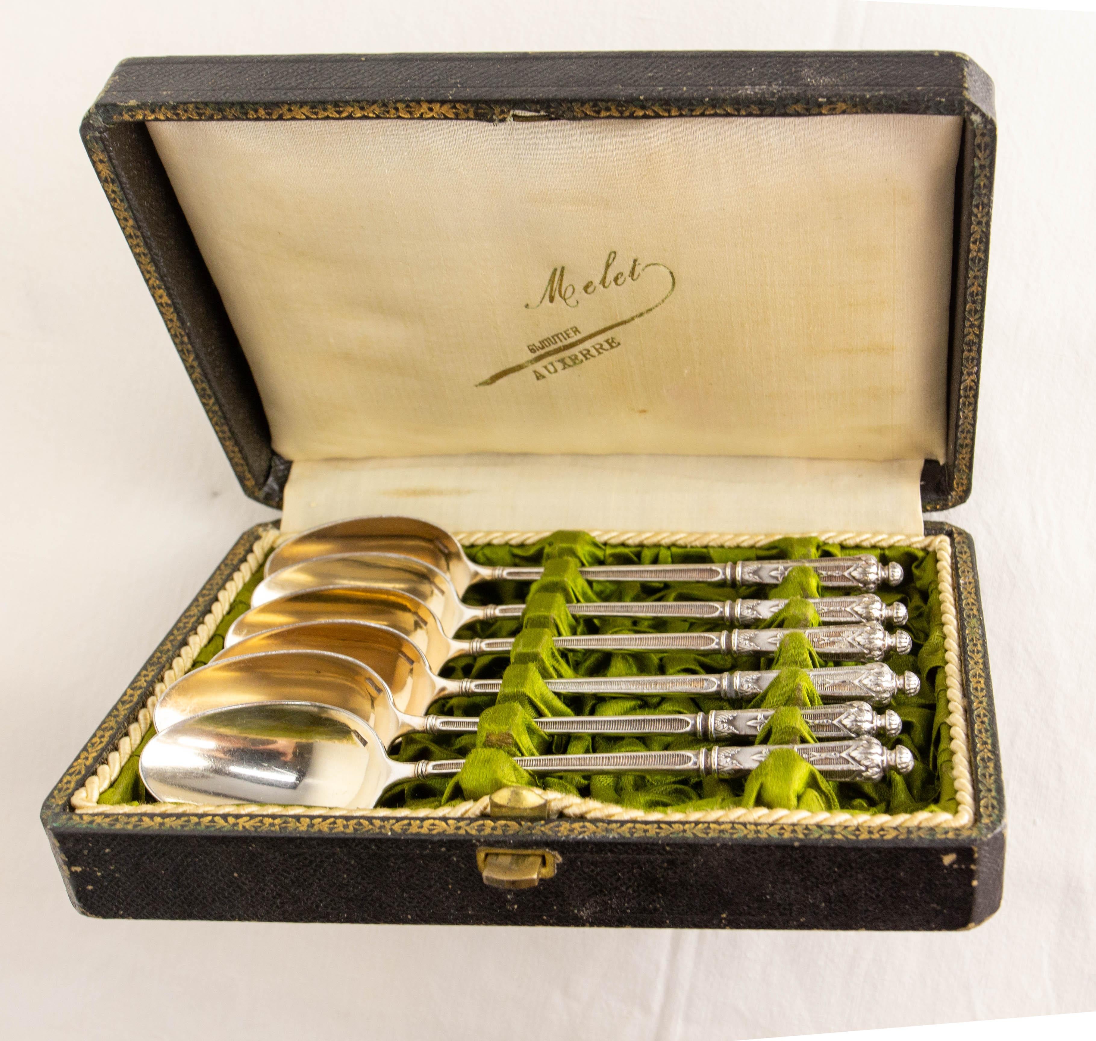 20th Century Set of Six Silver Metal Coffee Spoons in their Original Box, France, circa 1900 For Sale